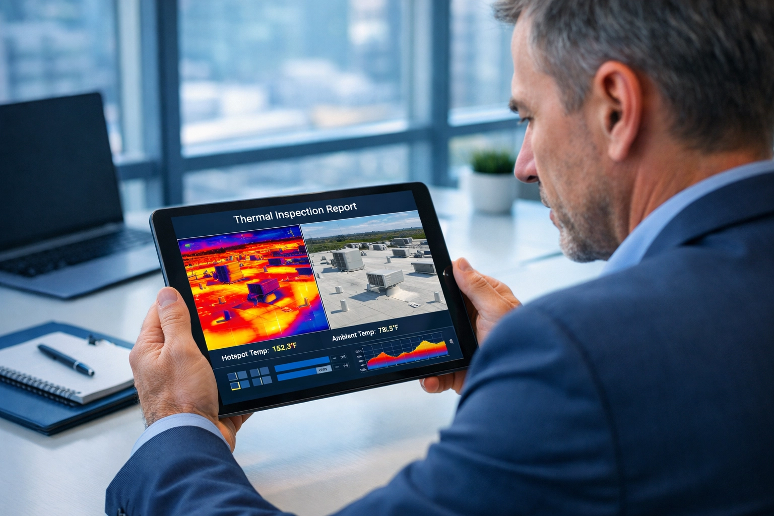 Property manager reviewing radiometric thermal roof inspection data on tablet in office