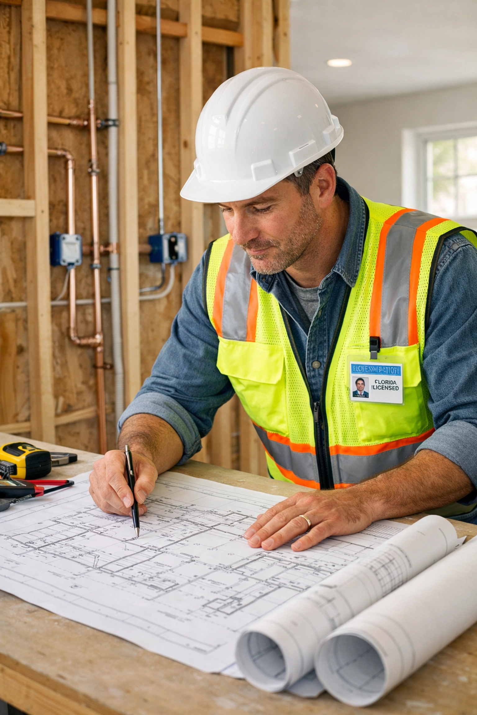 Licensed contractor reviewing electrical and plumbing plans for Orlando home renovation project