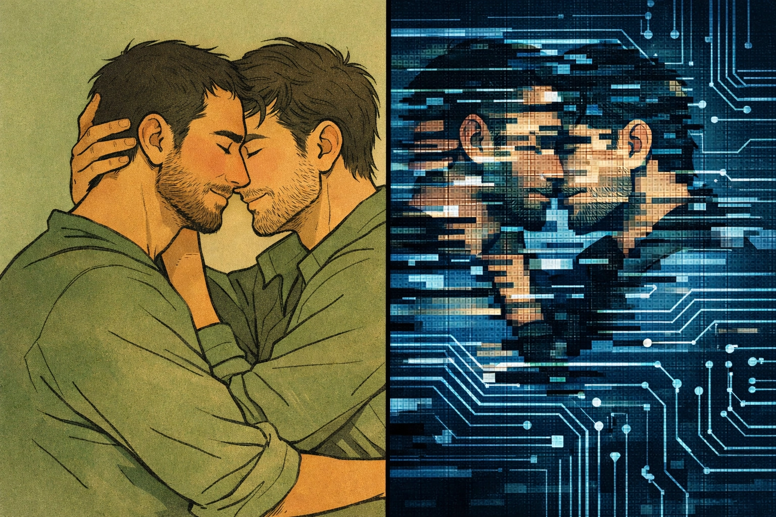 Two men embracing versus digital distortion showing surveillance in gay romance psychological thriller