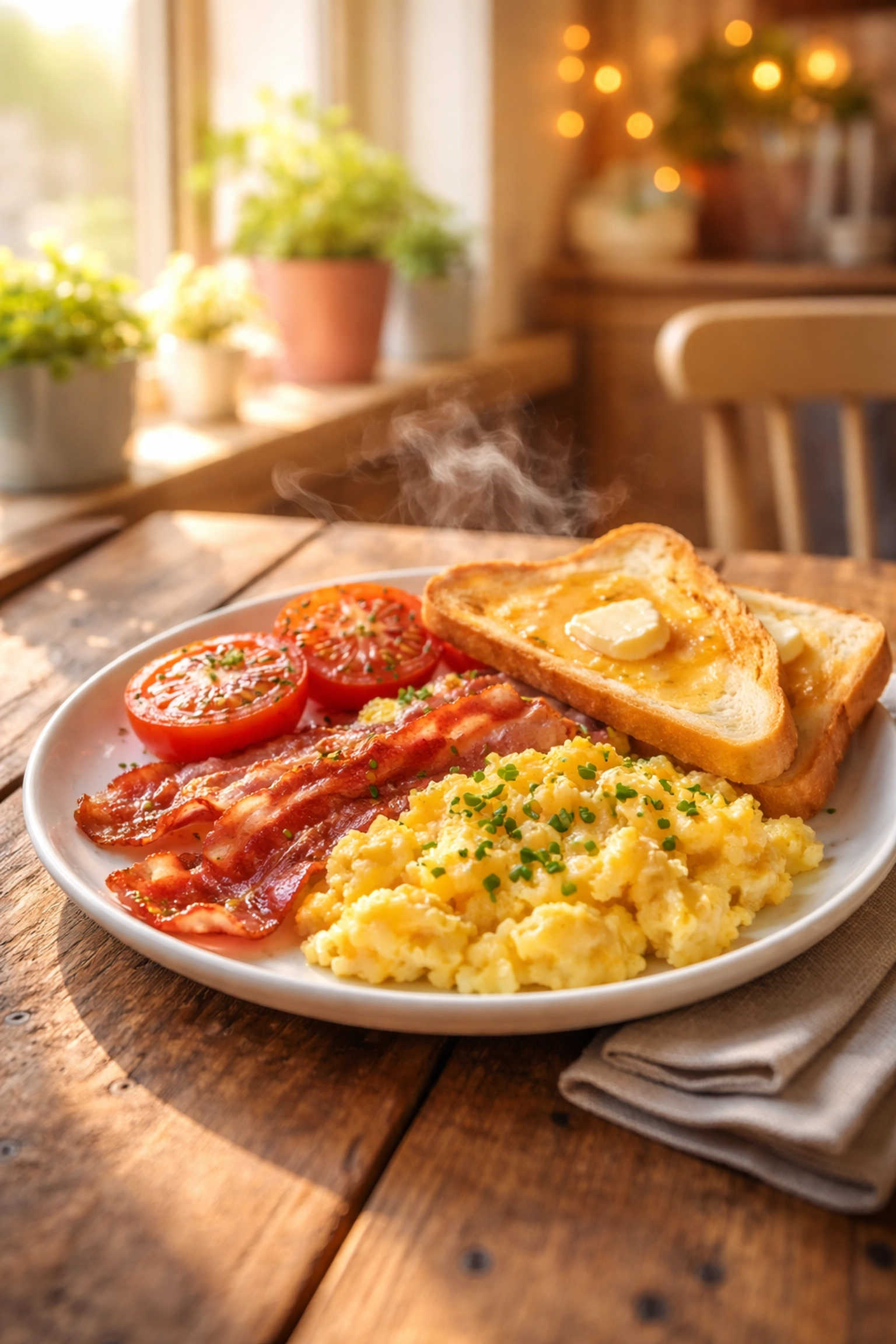 Freshly prepared Felixstowe breakfast plate with scrambled eggs, bacon, toast, and grilled tomatoes in a cozy cafe setting.
