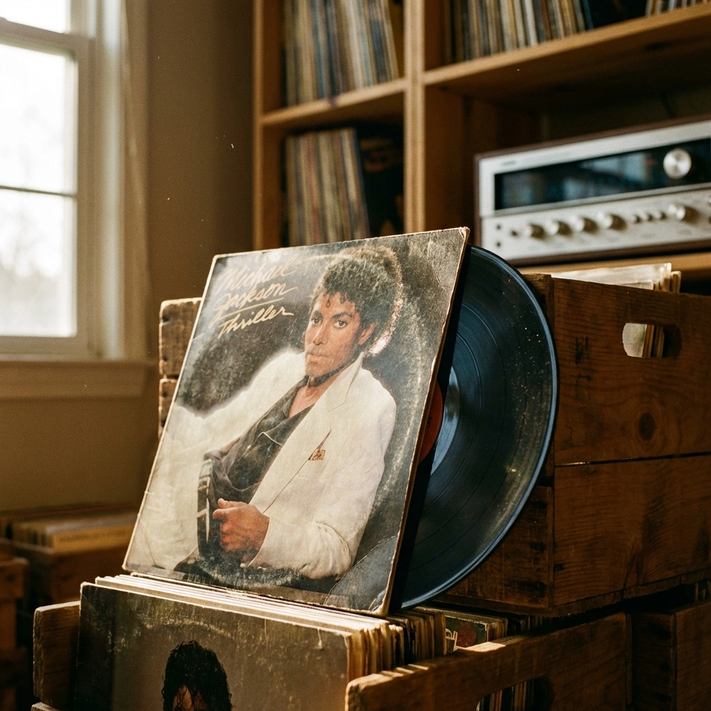 A vintage pressing of Michael Jackson’s Thriller vinyl record in a Los Angeles record store crate.
