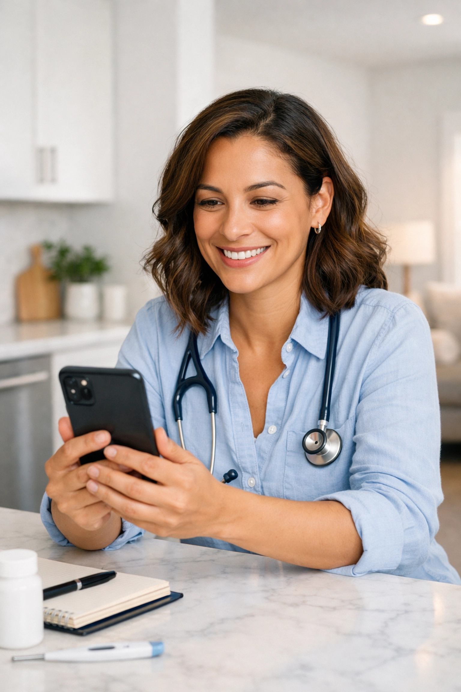 A patient using a smartphone for a telemedicine weight loss consultation about GLP-1 options.