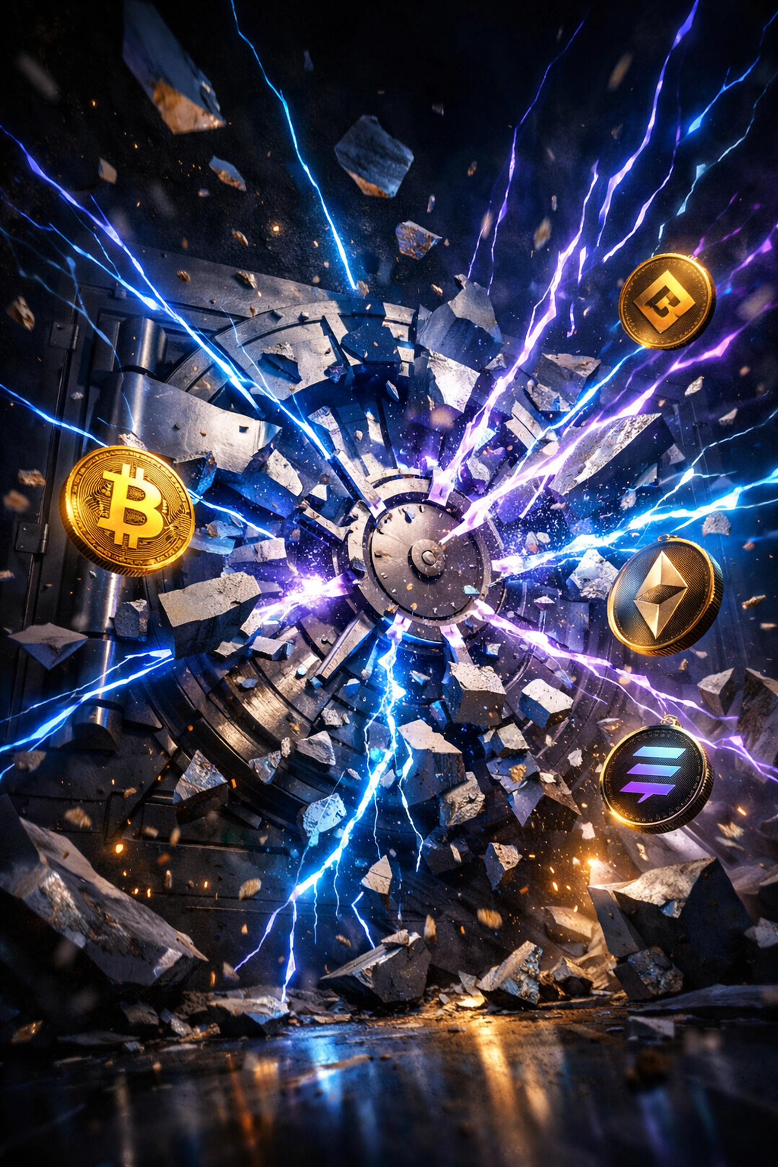 Blockchain technology breaking through traditional bank vault, symbolizing Web3 payment revolution