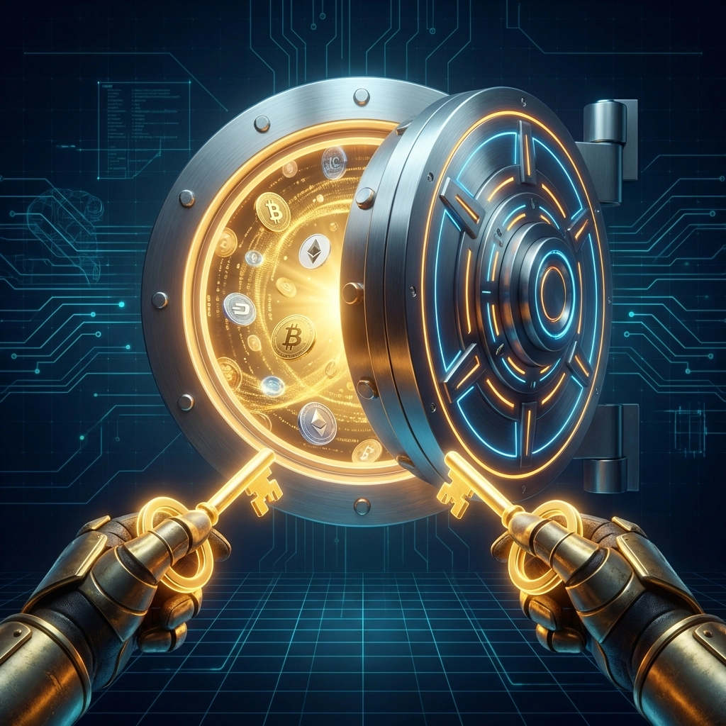 Hands holding keys open a glowing digital vault filled with cryptocurrency coins, symbolizing self-custody and financial sovereignty in Web3 payments.