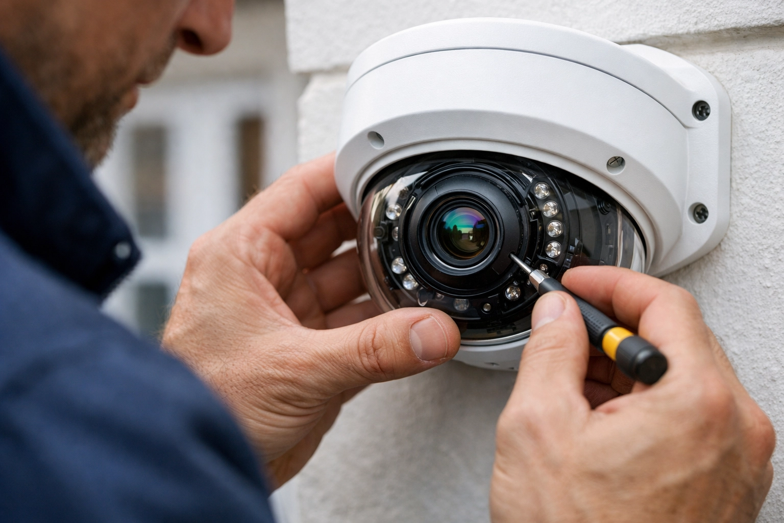 Professional engineer performing a precise CCTV installation on a white exterior wall.