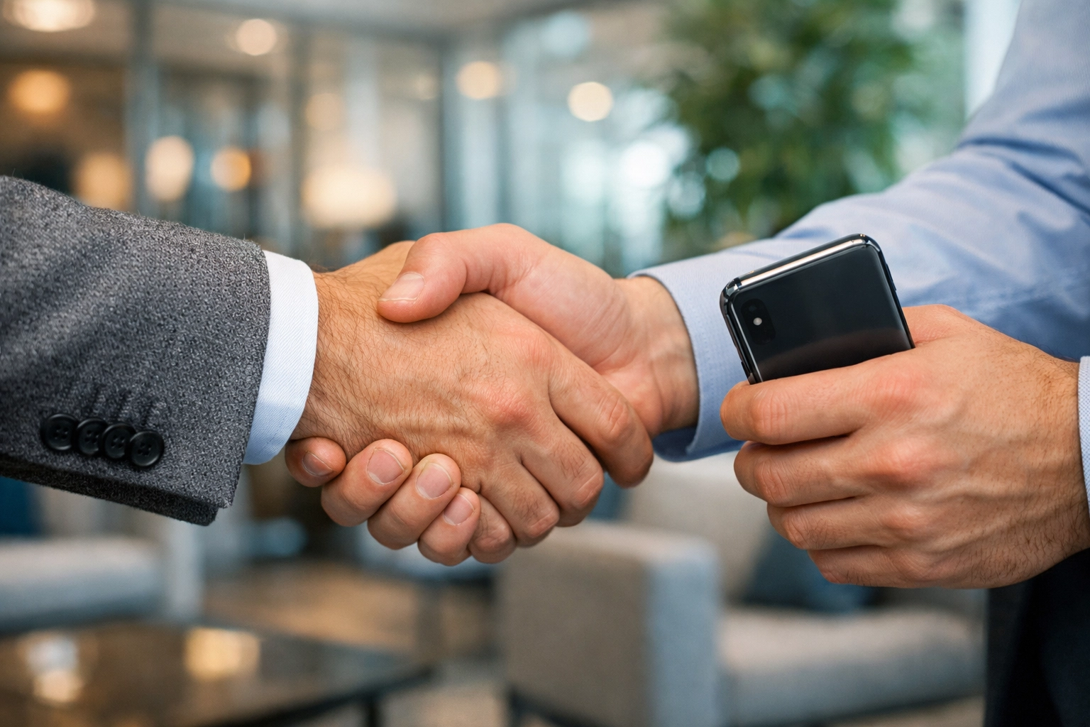 Business professionals shaking hands to close a deal during Super Bowl weekend networking.