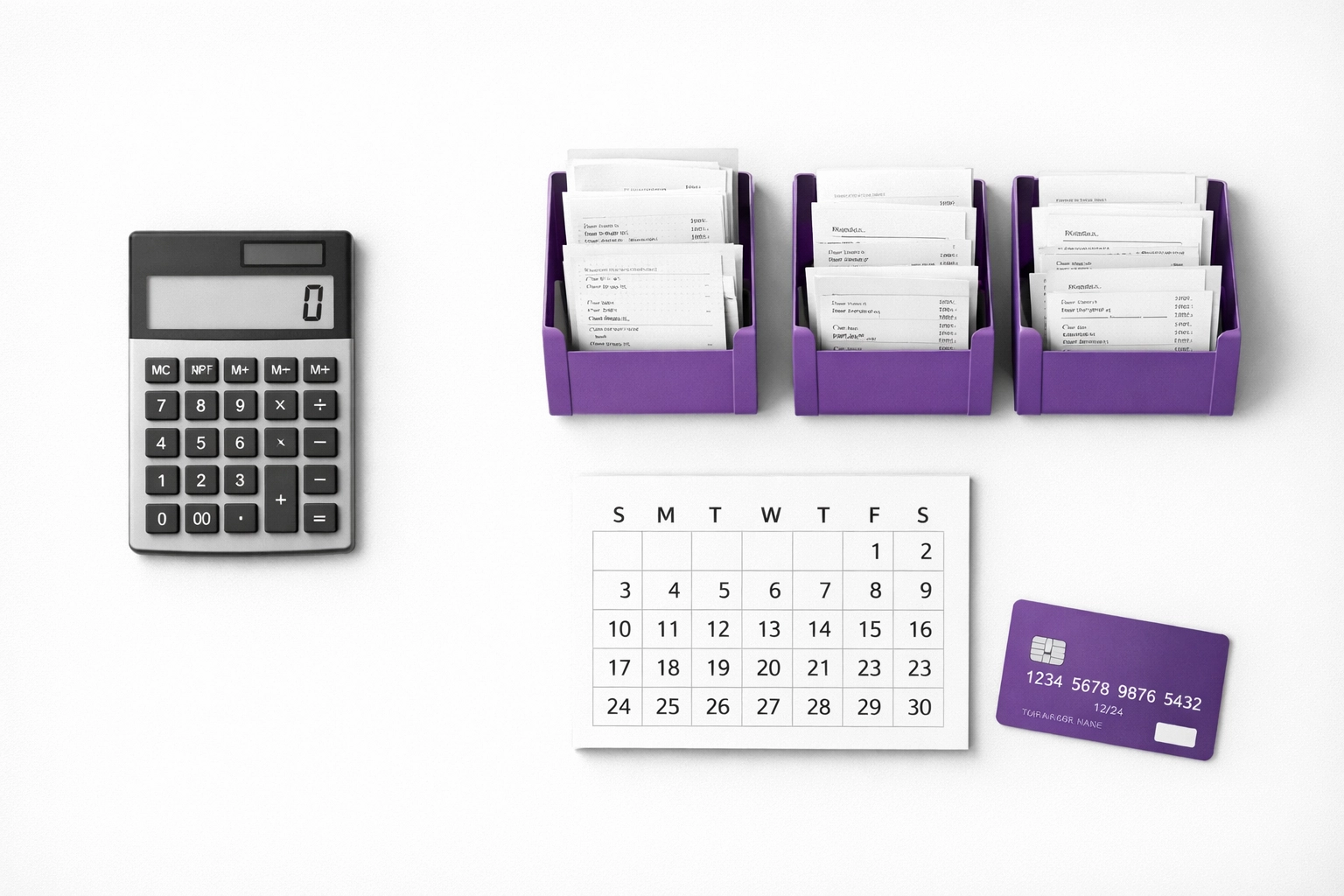 Organized small business bookkeeping workspace with receipts, calculator, and calendar