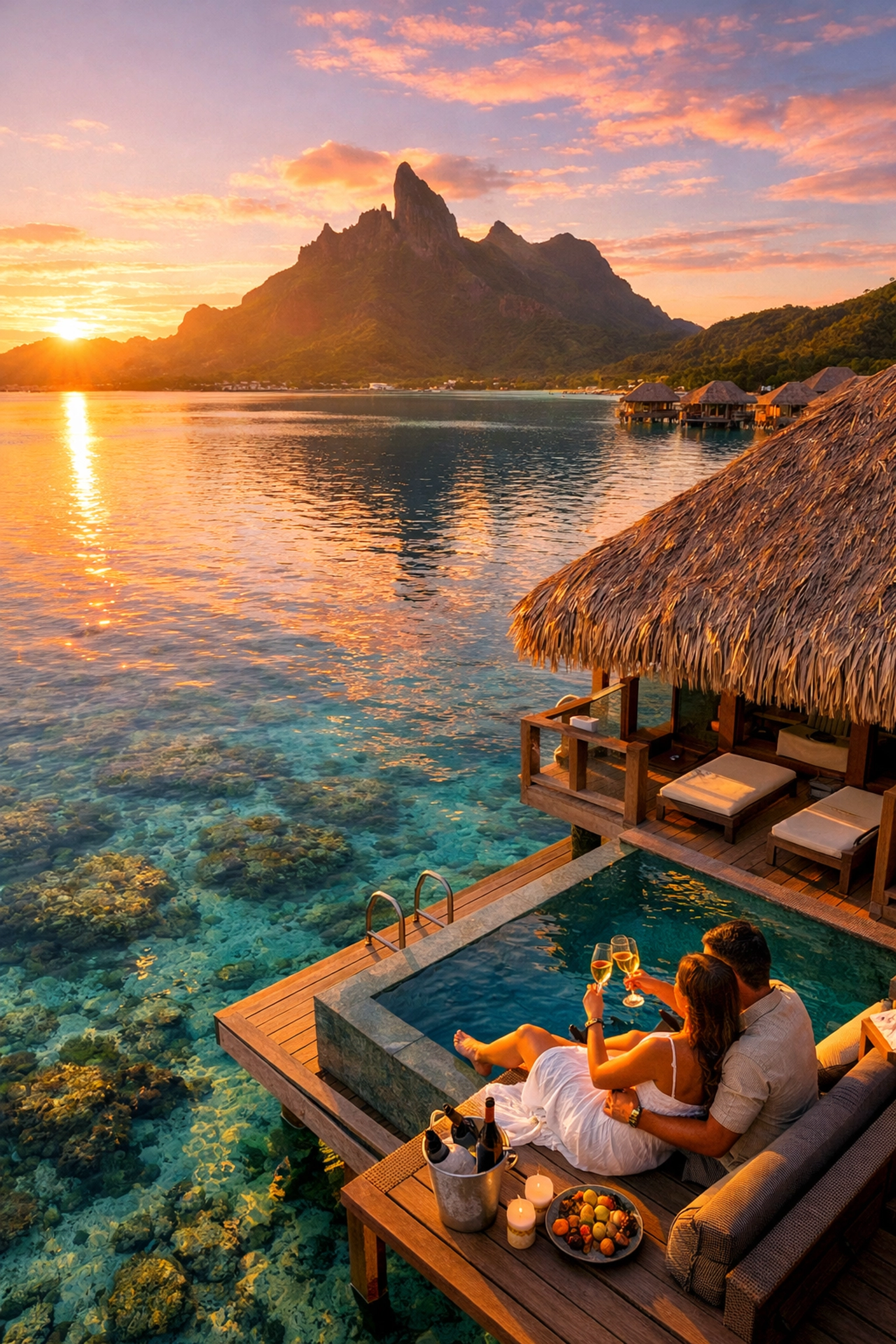 Luxury overwater bungalow in Bora Bora for romantic milestone anniversary celebration