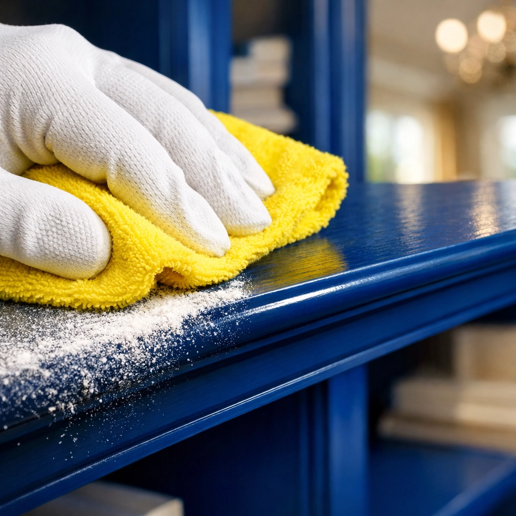 Detailed view of removing fine drywall dust from cabinetry during post construction cleaning Franklin.