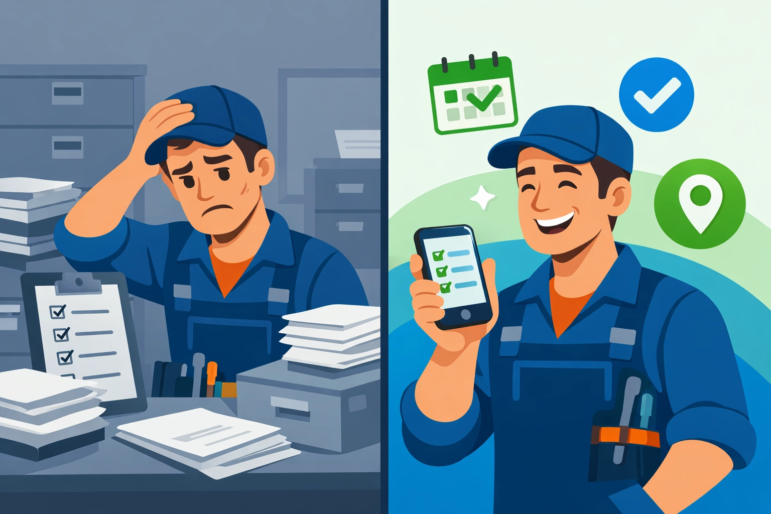 Before and after comparison: electrician switching from paper filing to mobile app management
