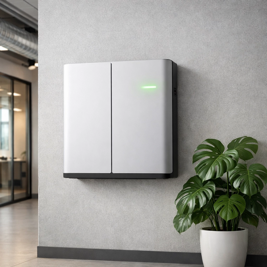 Modern commercial energy storage battery system for managing business solar power and increasing ROI.