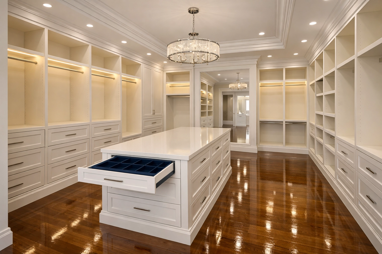 Impeccable walk-in closet with polished floors after professional move-in residential cleaning Massachusetts service.