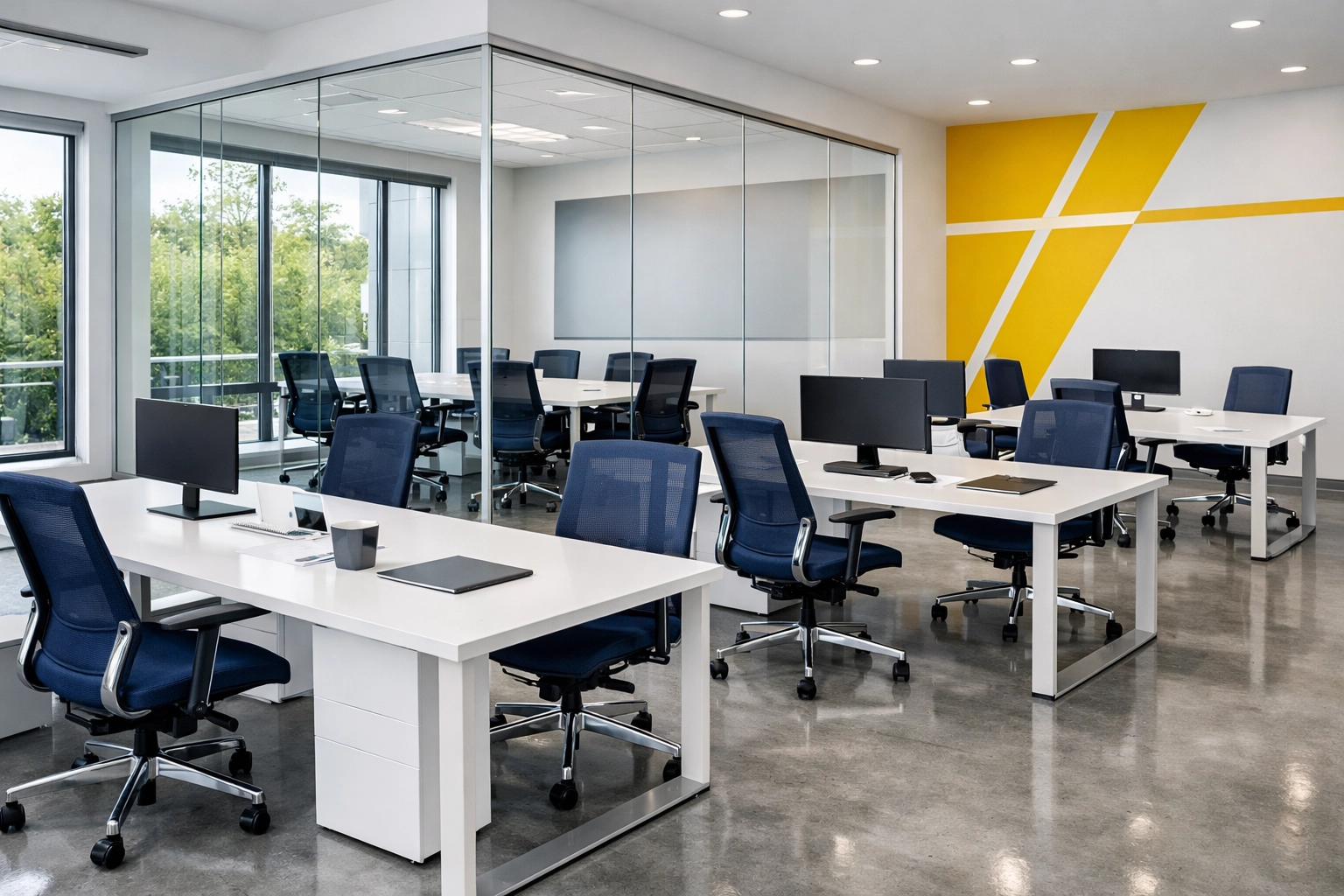 Sanitized modern office suite in Maynard demonstrating expert commercial cleaning and dust-free professional desks.