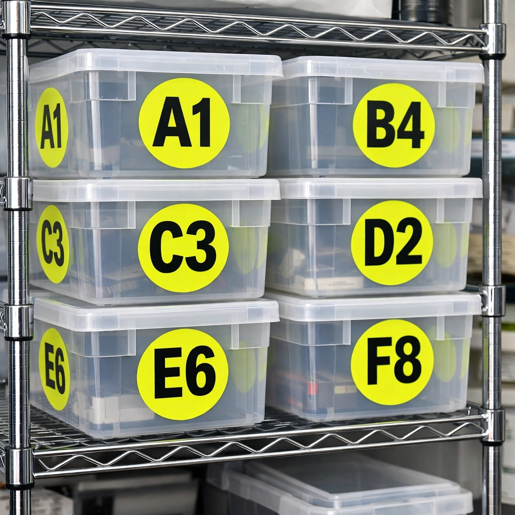 Clearly labeled plastic storage tubs on shelving for organized e-commerce reseller inventory management.