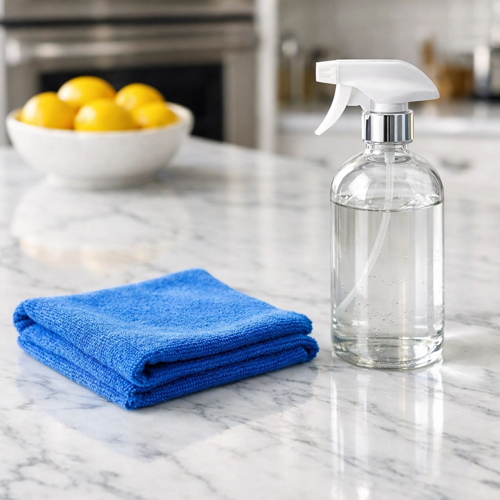 Post construction cleaning in Northborough using a microfiber cloth on a luxury marble kitchen island.