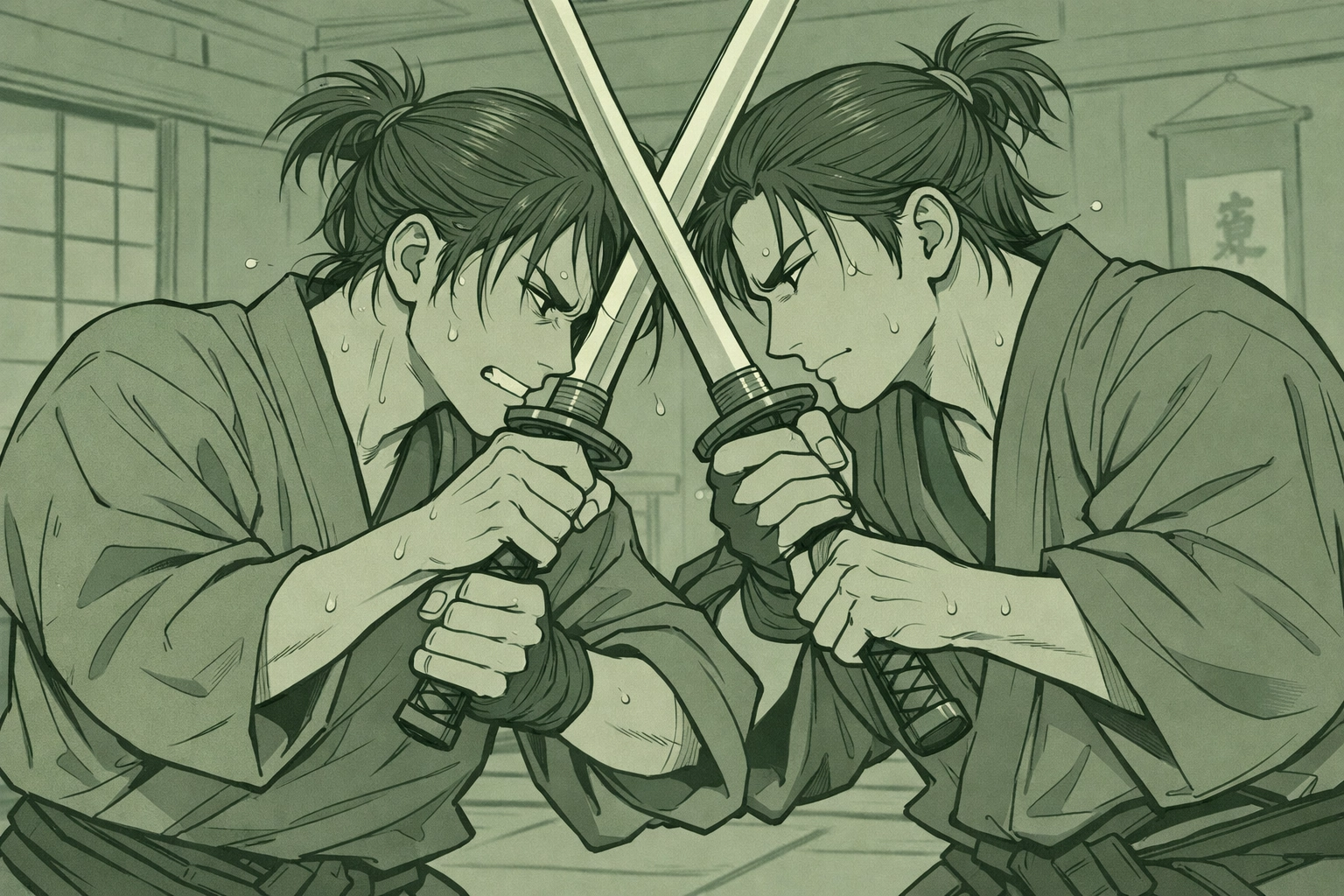 Samurai step-brothers sword sparring in dojo, forbidden love in feudal Japan