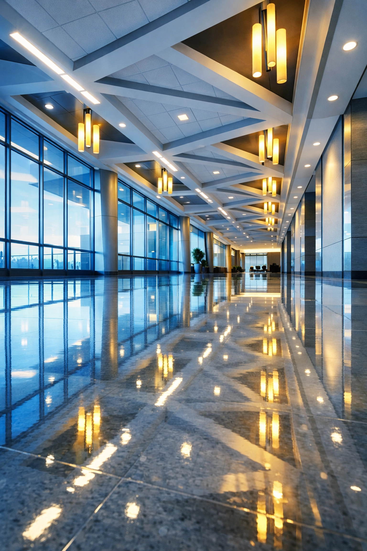 Highly polished commercial floors reflecting light in a clean West Springfield business hallway.
