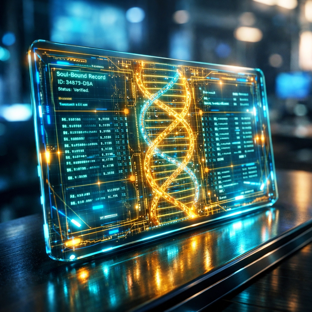 Futuristic holographic soul-bound NFT receipt for secure Larecoin Web3 global payment transactions.