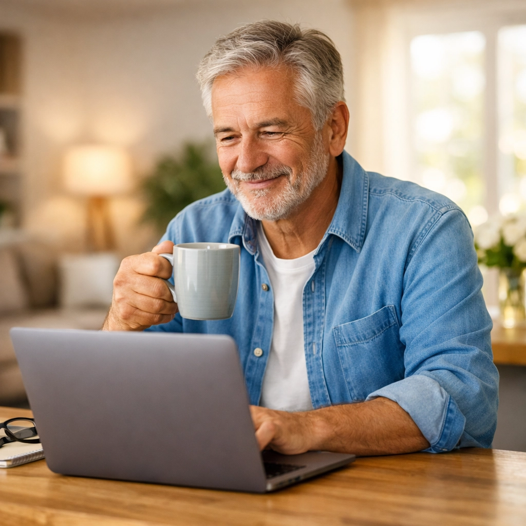 Man in his 60s using a laptop at home to manually sign up for Medicare during his enrollment period.