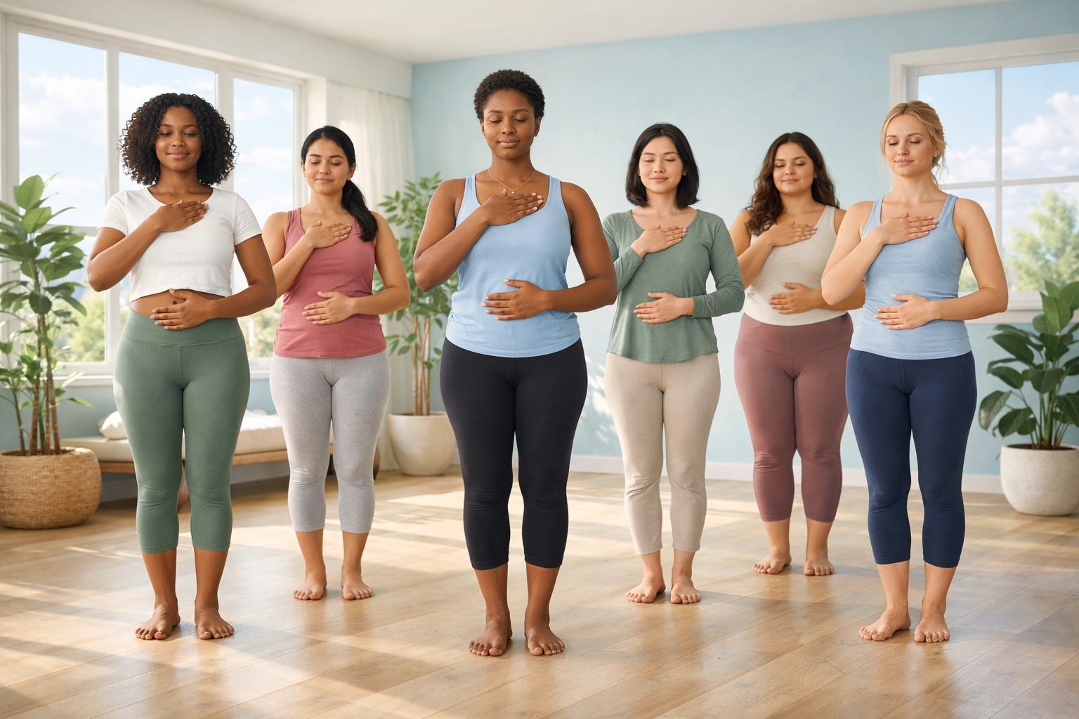 Diverse women practicing grounding exercises for nervous system wealth and inner peace.