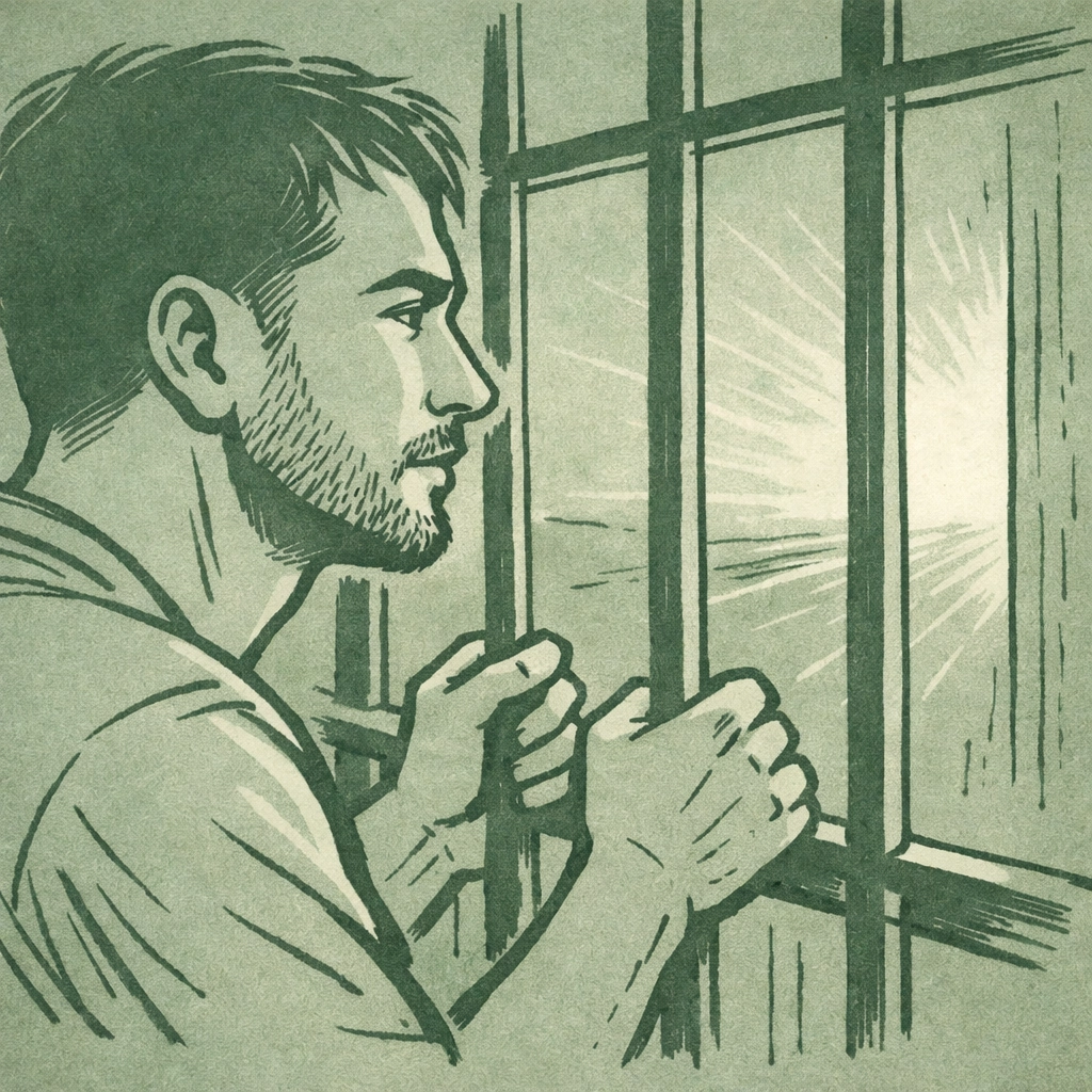 Gay man gazes through prison bars toward light, symbolizing hope and inner strength despite confinement