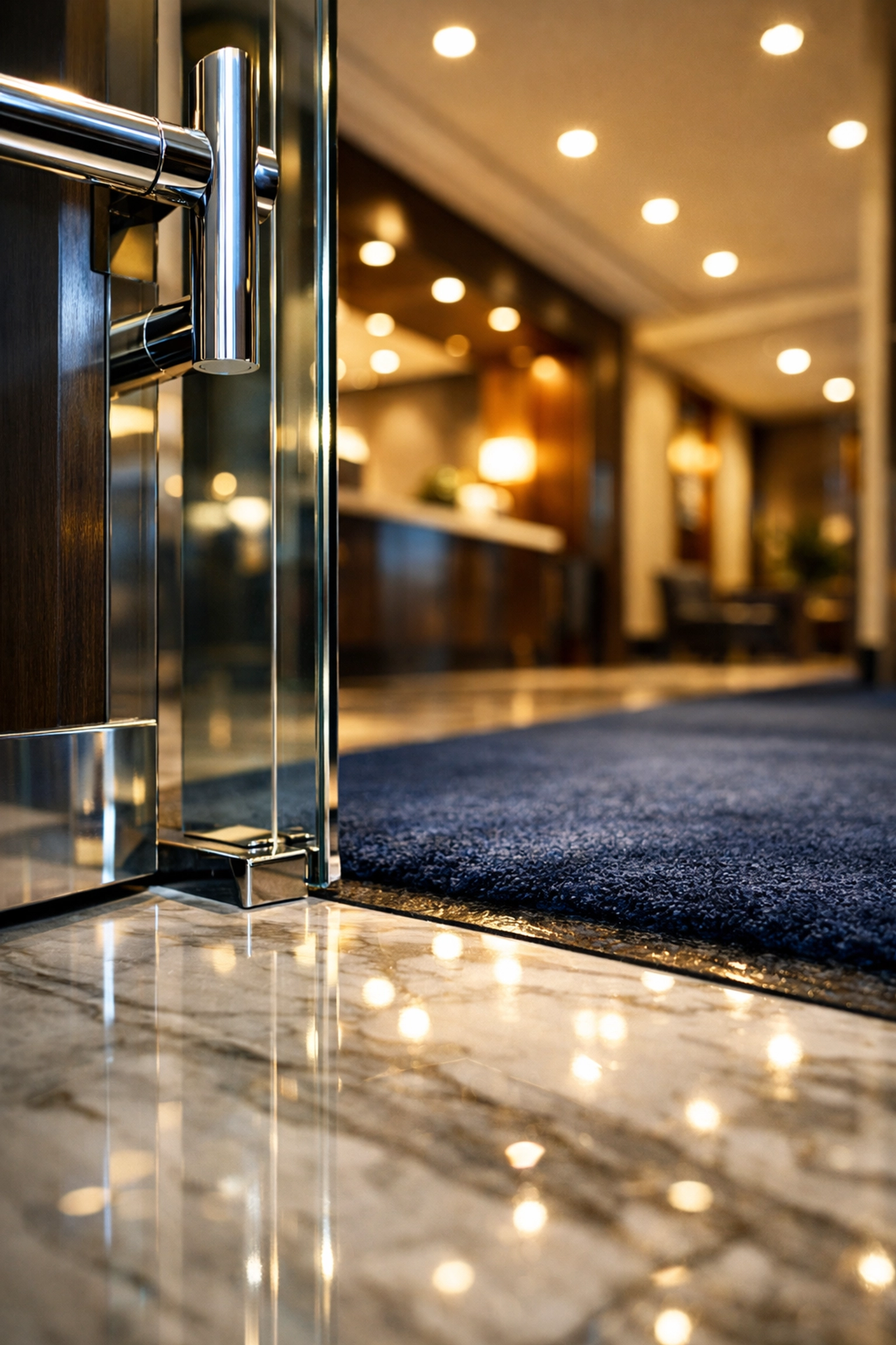 Spotless glass office entrance and polished marble floor showcasing professional Fitchburg cleaning services.