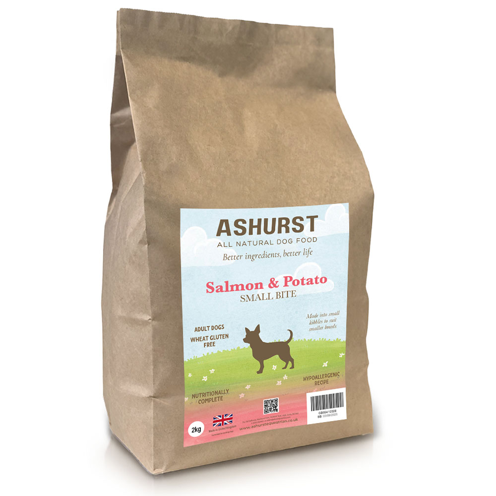 Ashurst All Natural Dog Food, Salmon & Potato Small Bite 2kg bag of hypoallergenic, wheat gluten free dog food for adult small breed dogs. Nutritionally complete, made in the UK, with brown paper packaging featuring Ashurst branding. Available for online purchase, click and collect, or local delivery within 15 miles of Leigh, Surrey.