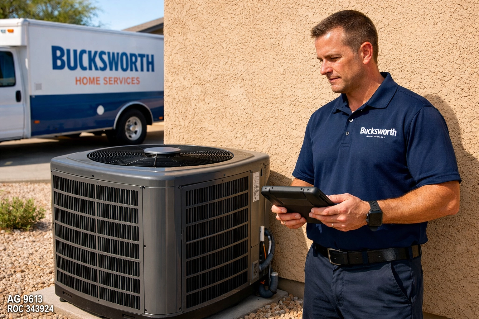 Bucksworth Home Services technician inspecting a residential air conditioner unit for expert AC repair in Peoria AZ.