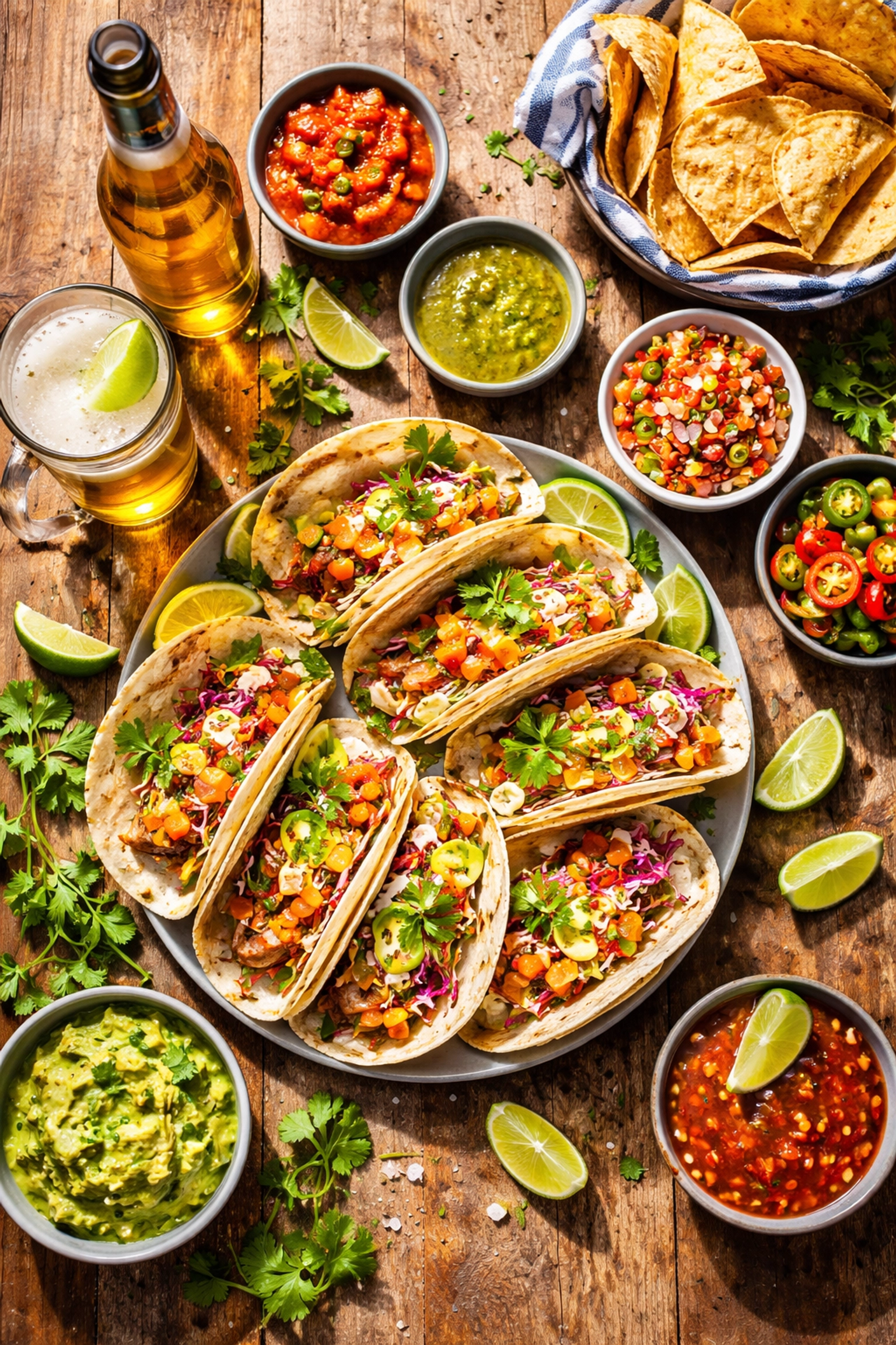 Fresh Mexican seafood tacos and salsas on a rustic table near the beach in Puerto Vallarta