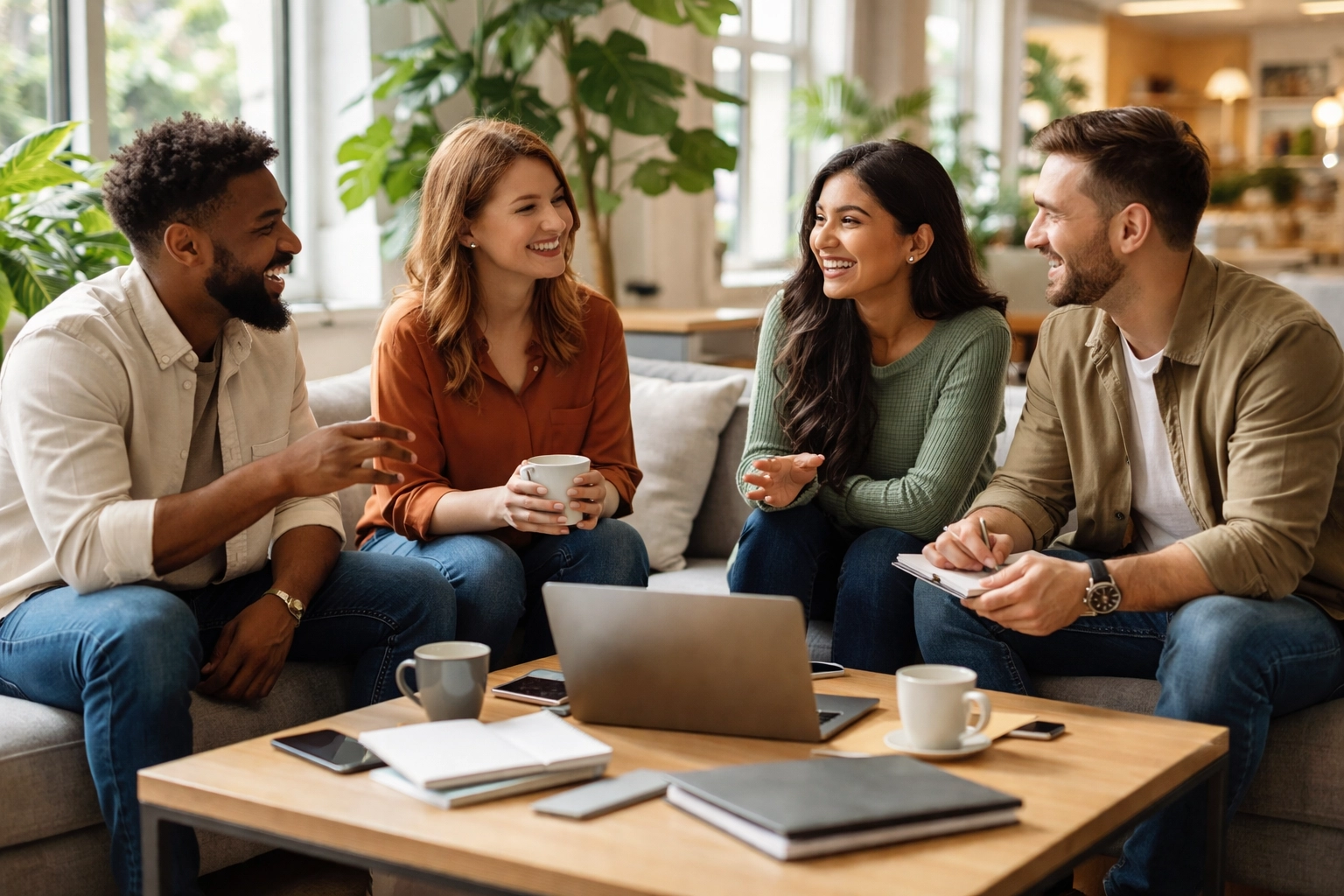 Group of entrepreneurs supporting each other in a co-working space, highlighting founder community and mental health