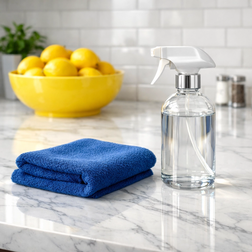 Eco-friendly deep cleaning on a sparkling marble kitchen island for a healthy Cambridge home.