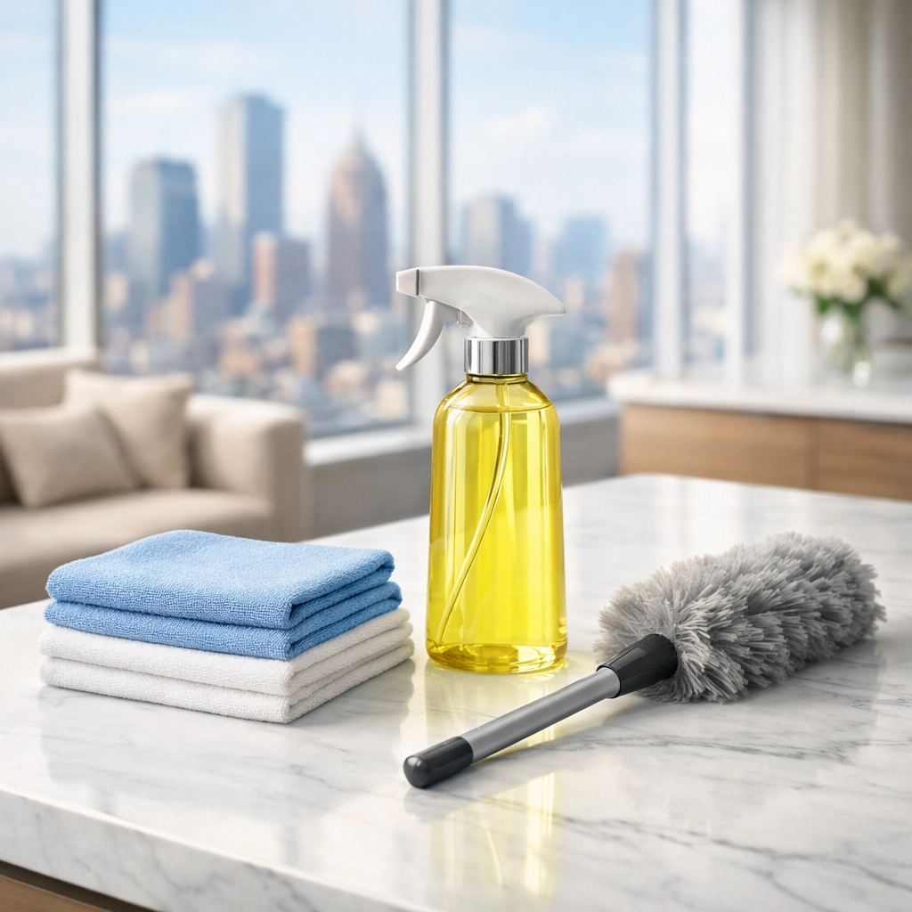 Professional cleaning kit for a Boston apartment move-out using eco-friendly supplies.