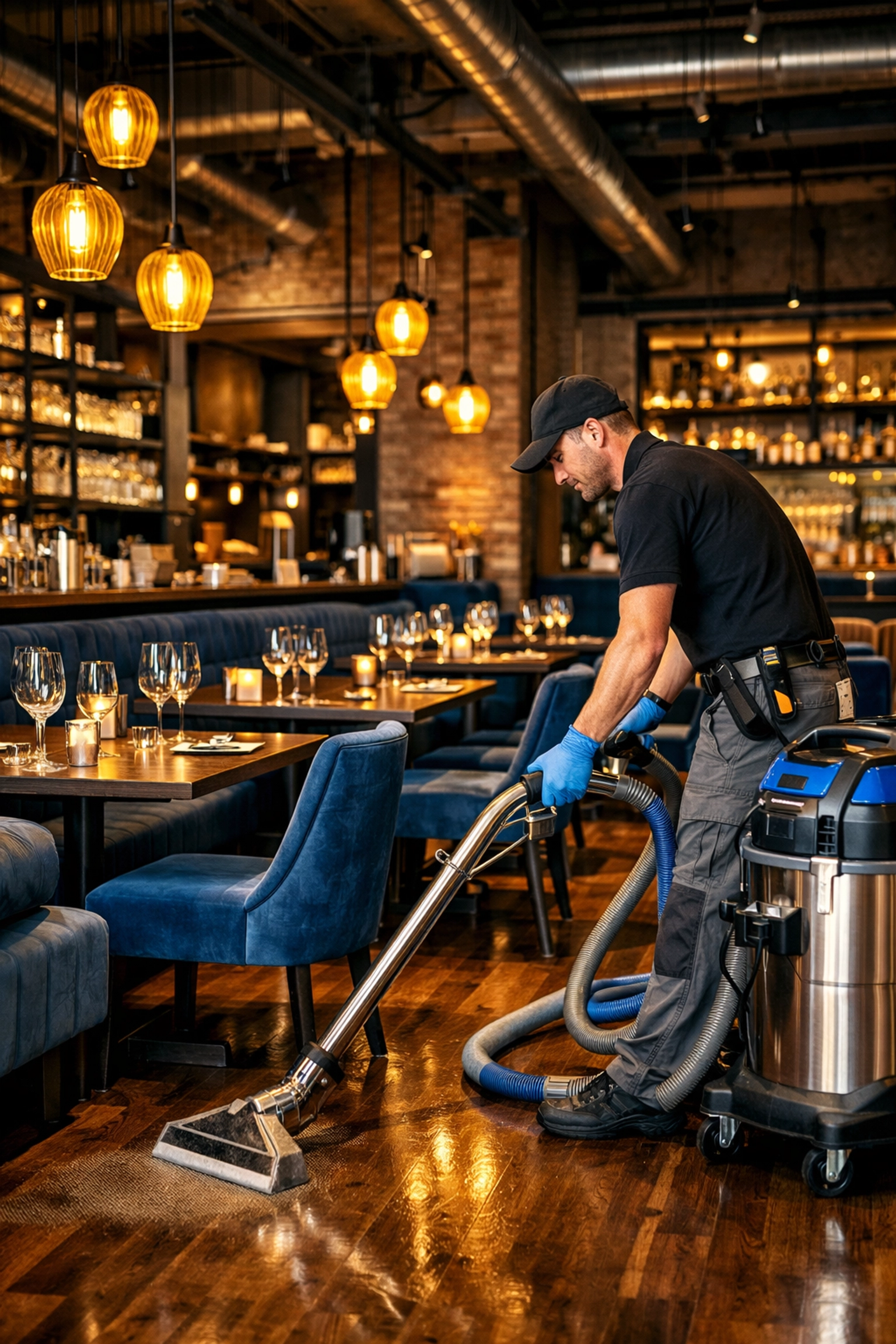 Post-construction commercial cleaning services for a luxury renovated restaurant dining room in Northborough.