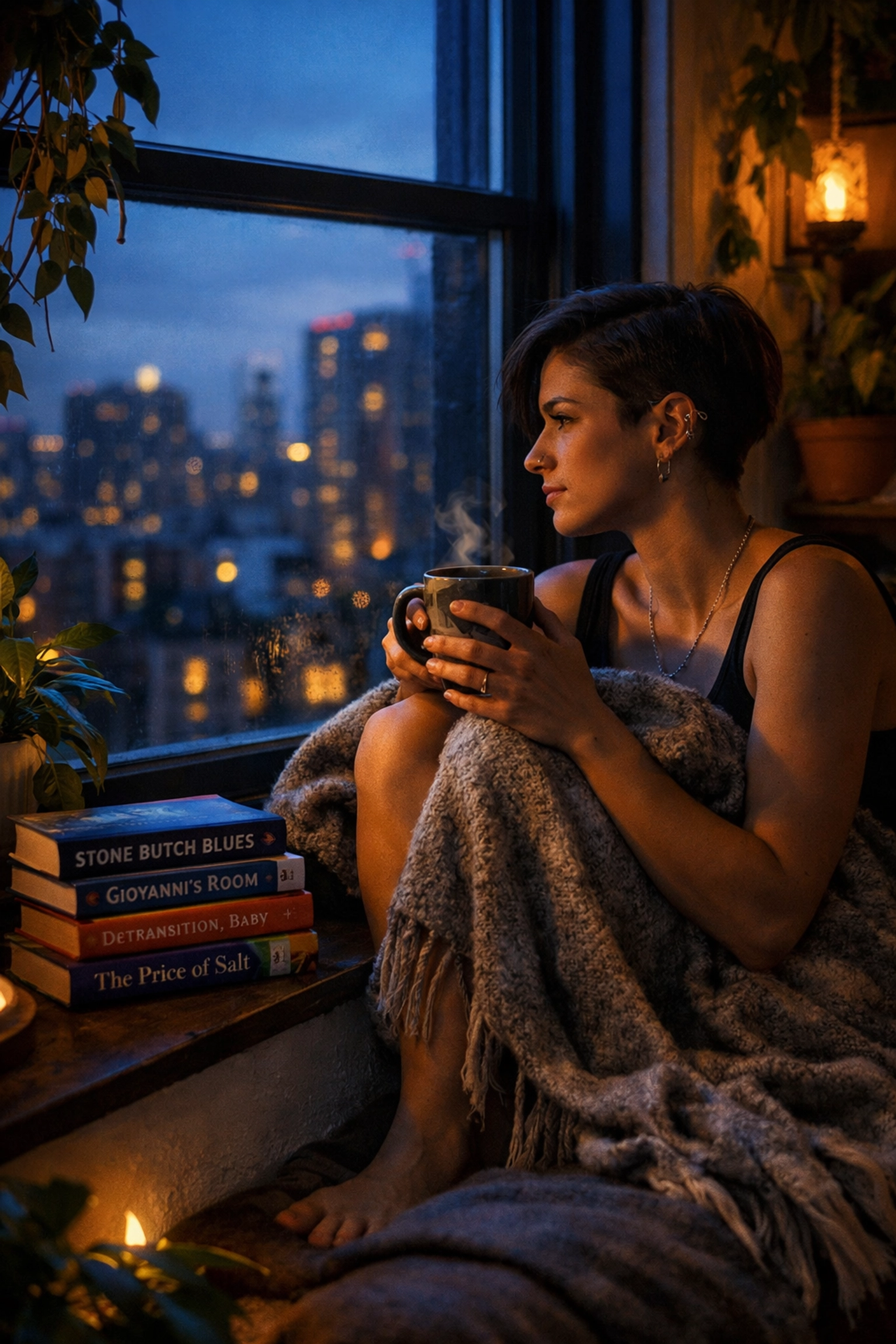 A queer woman relaxing with a mug and LGBTQ+ books, illustrating self-care and healing after a separation.