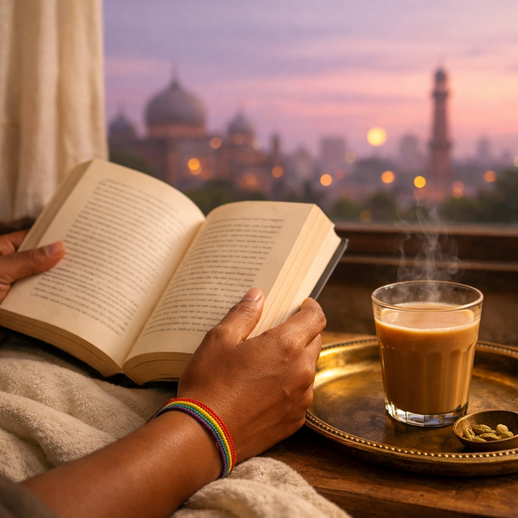 A person with a rainbow bracelet reading a gay romance book over a cup of chai at sunset.