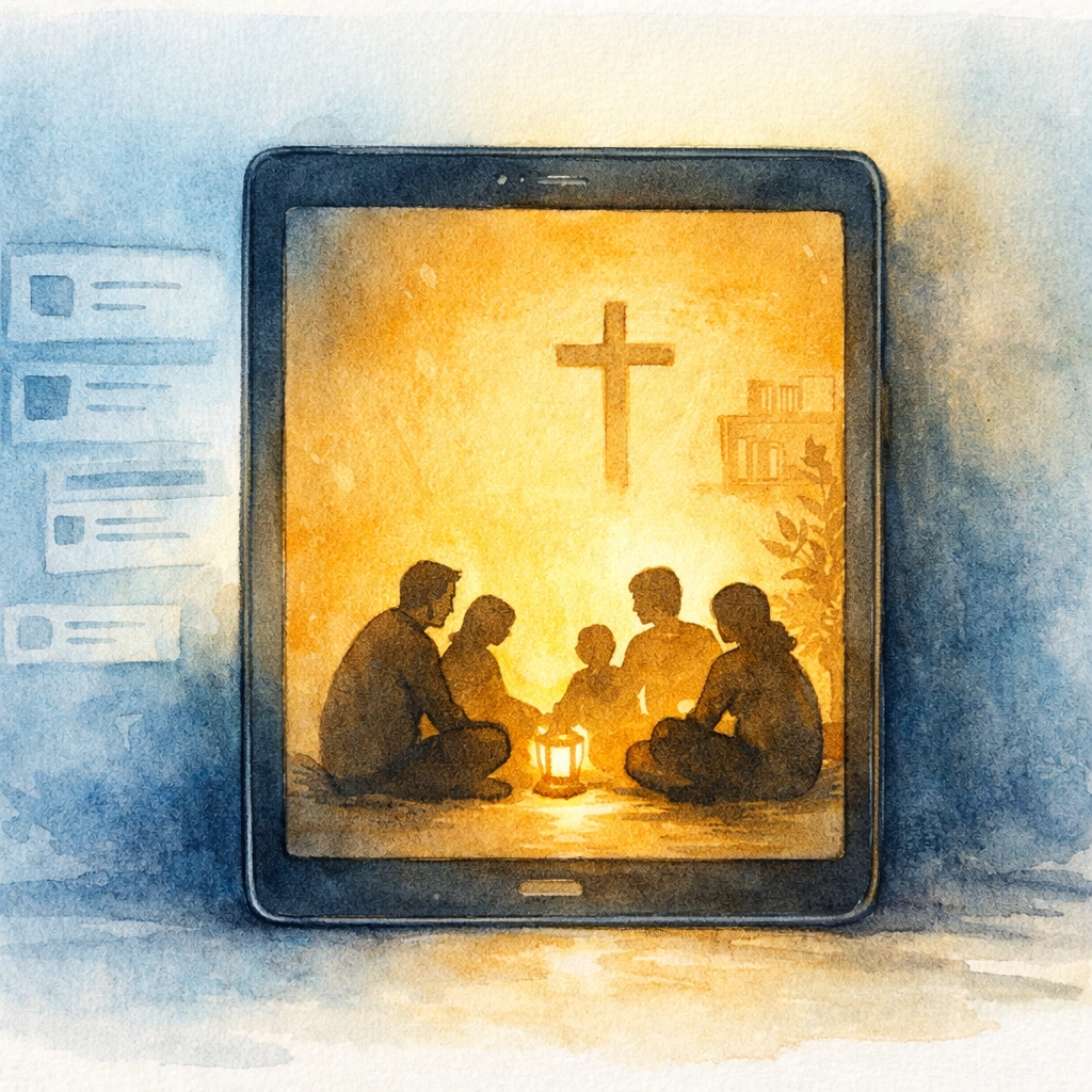 Digital screen opening into a warm Christian fellowship group, showing the transition from feed to community.