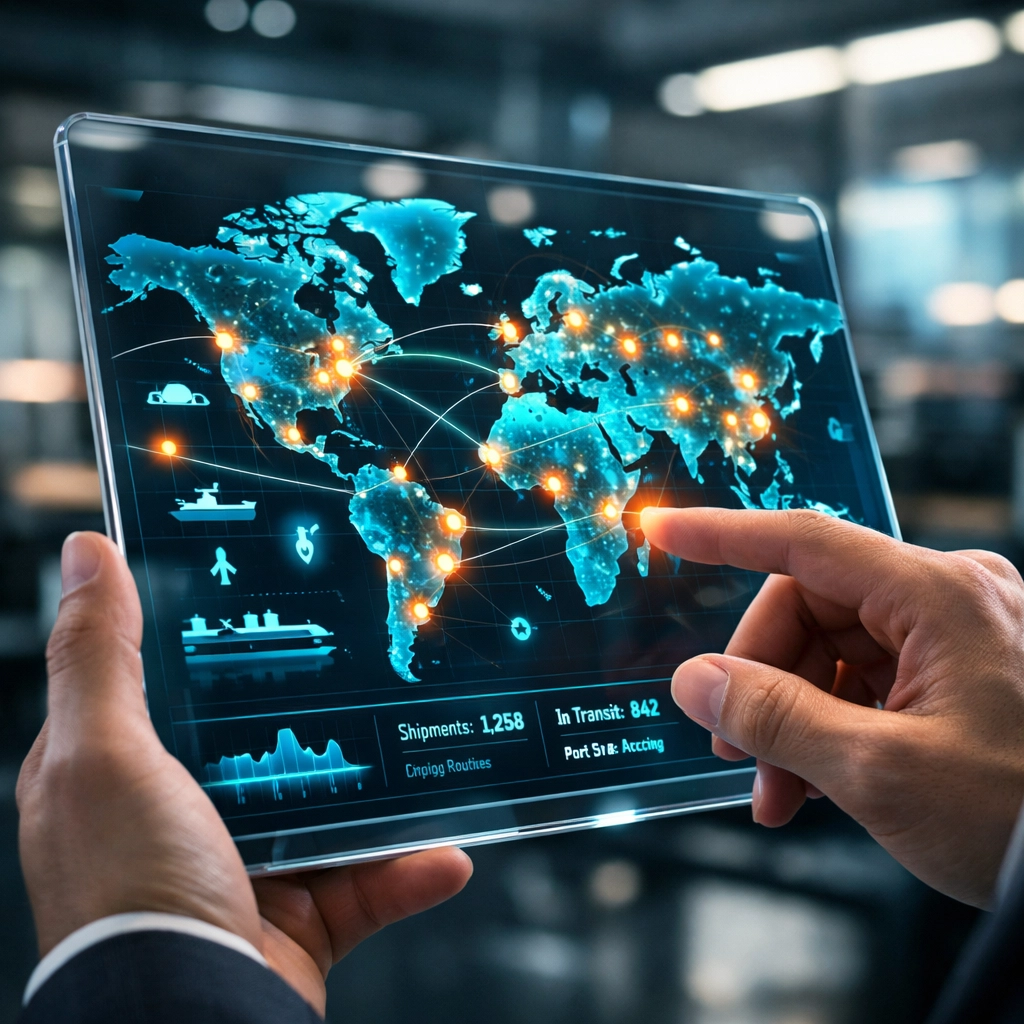 Interactive digital world map showing real-time cargo tracking and supply chain optimization data for tech companies.