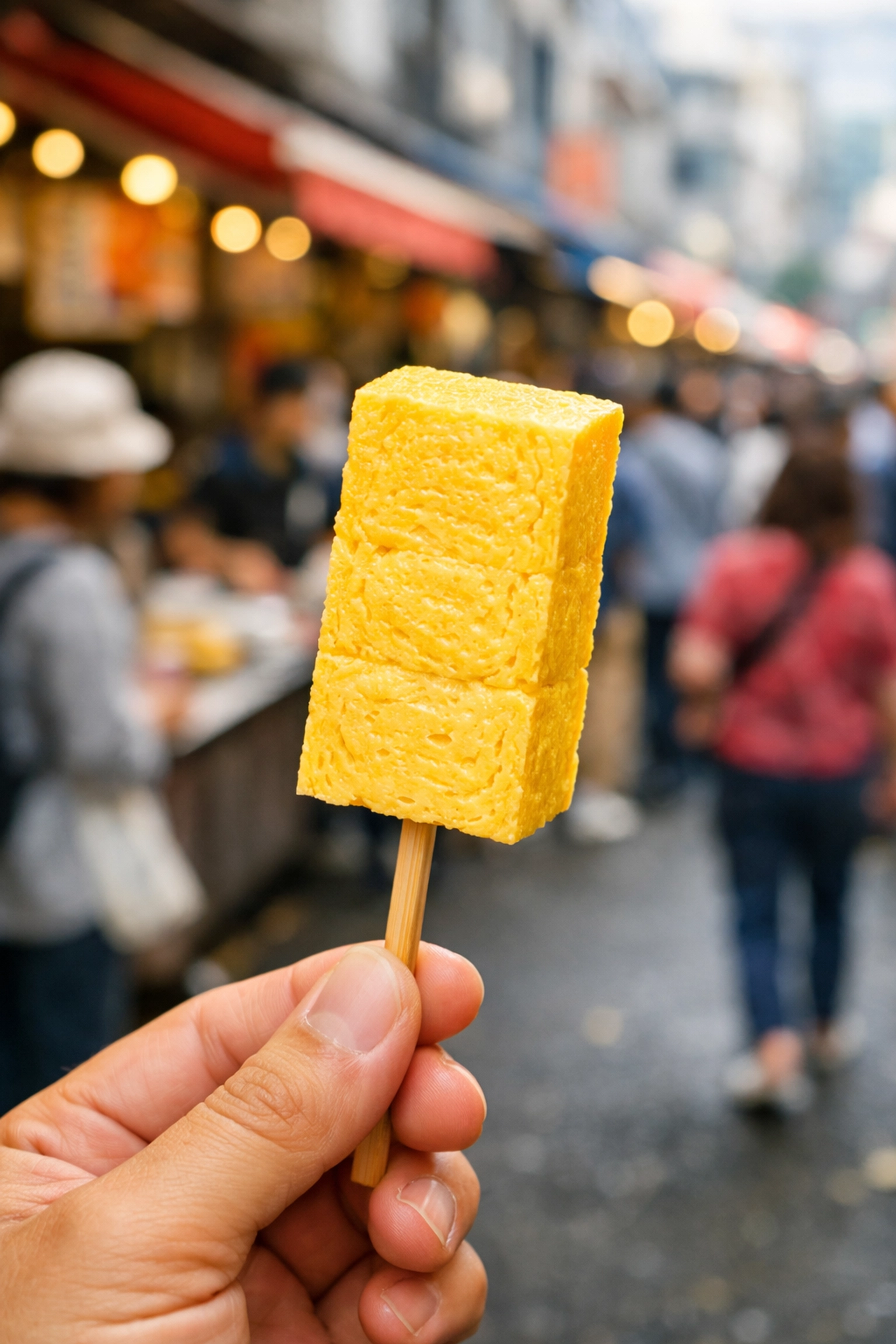 Fresh tamagoyaki egg skewer at Tsukiji Outer Market, highlighting affordable street food in Tokyo.