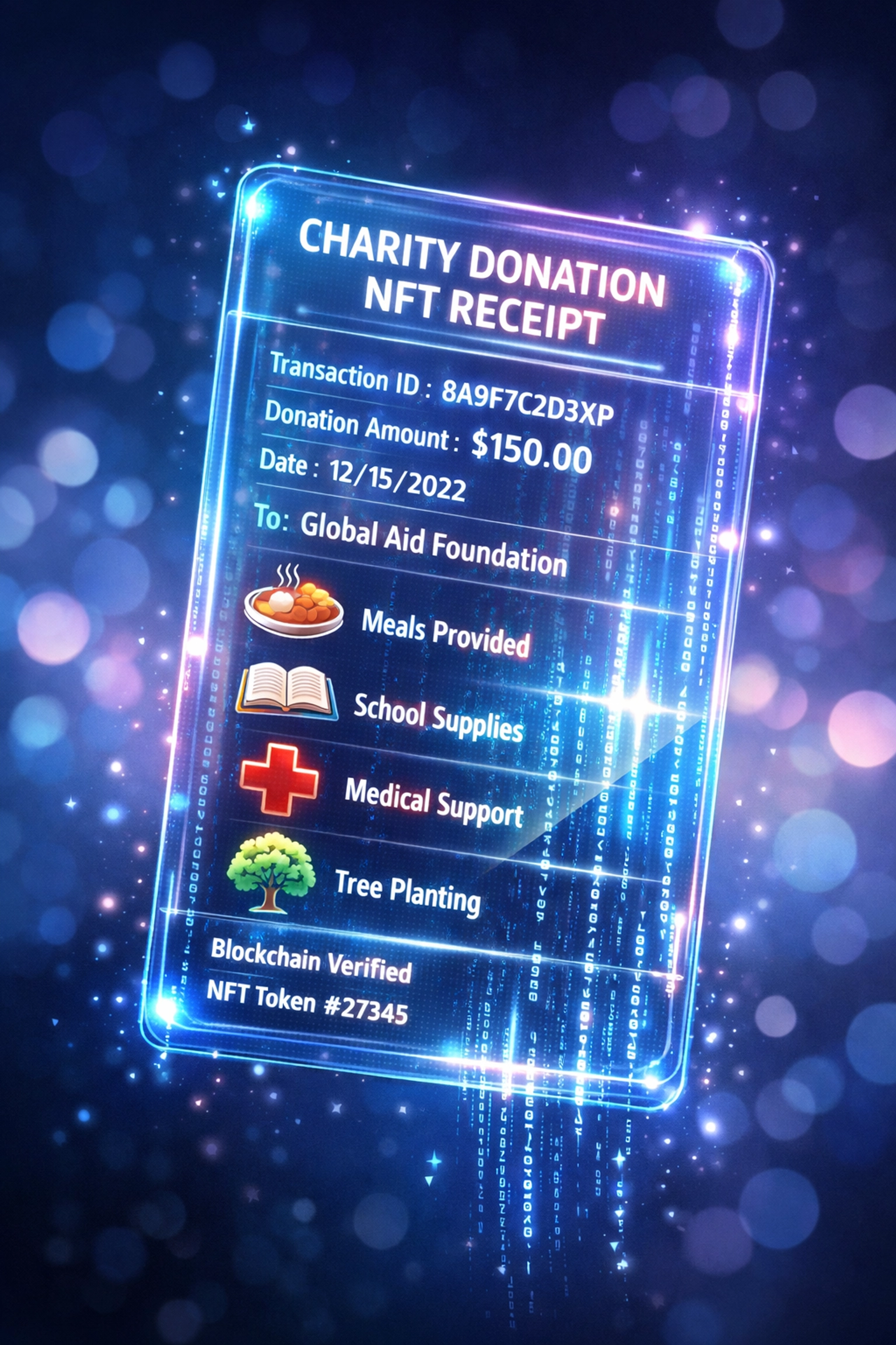 NFT receipt showing crypto transaction details and charitable contribution tracking