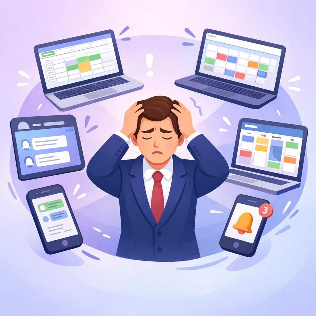 Business owner overwhelmed by multiple disconnected software tools and platforms