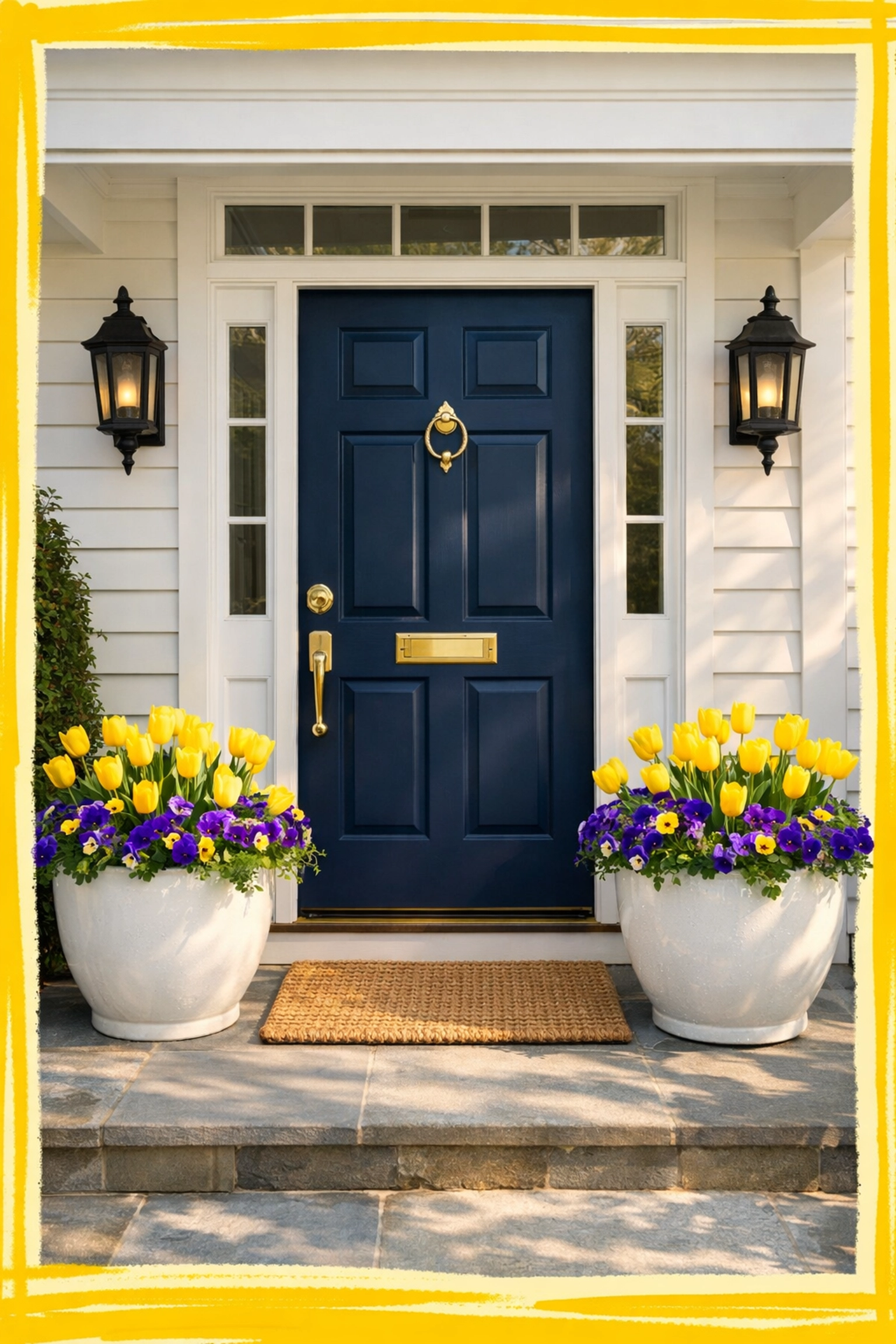 Charming front porch with a navy blue door and spring flowers illustrating CT curb appeal staging.