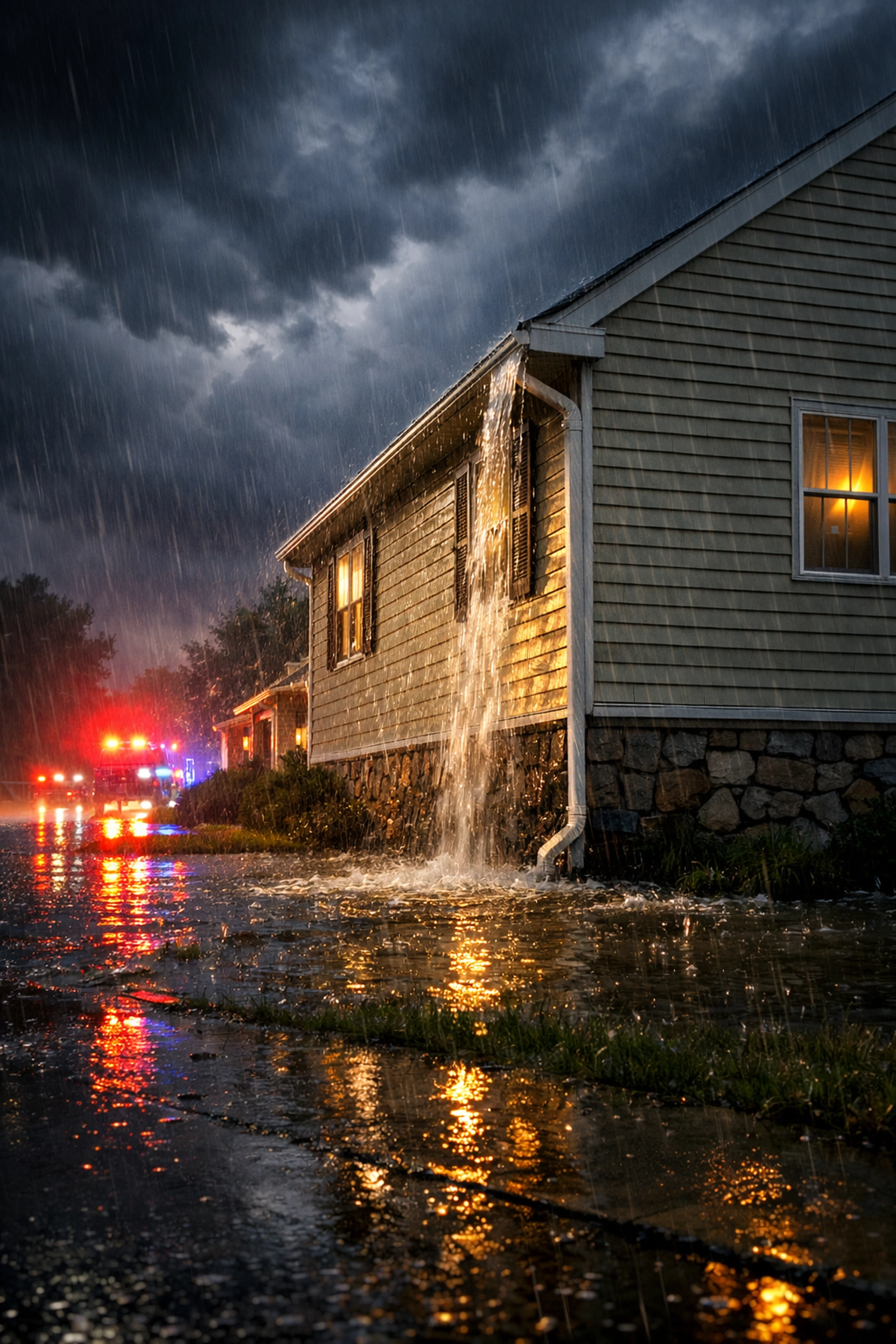 Delaware County home during severe storm with flooding and overflowing gutters