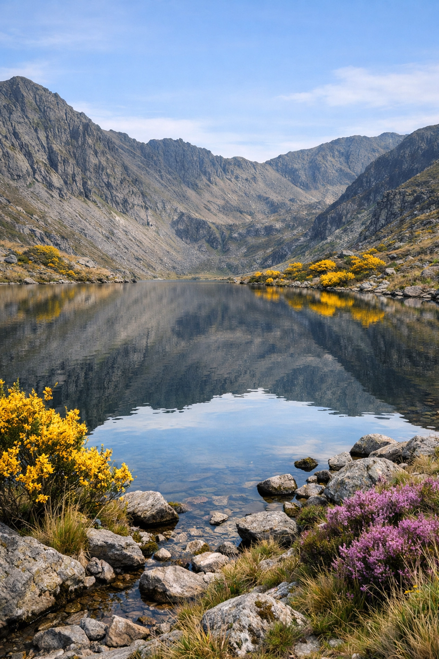 Rugged slate peaks reflecting in a still mountain tarn during a guided hike in the Lake District.