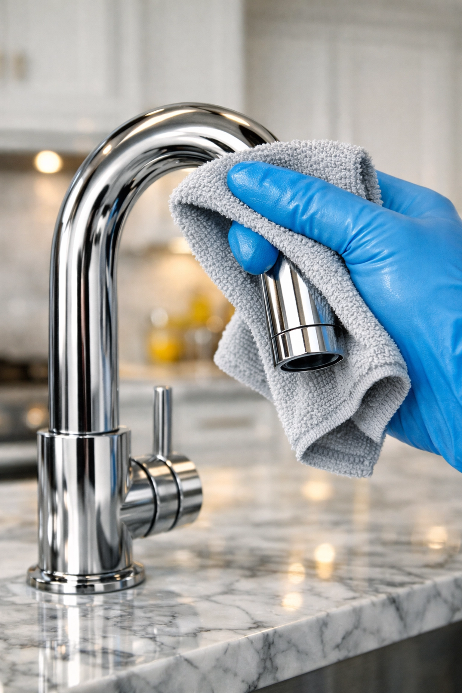 Deep cleaning services near me polishing a luxury marble kitchen island for a spotless finish.