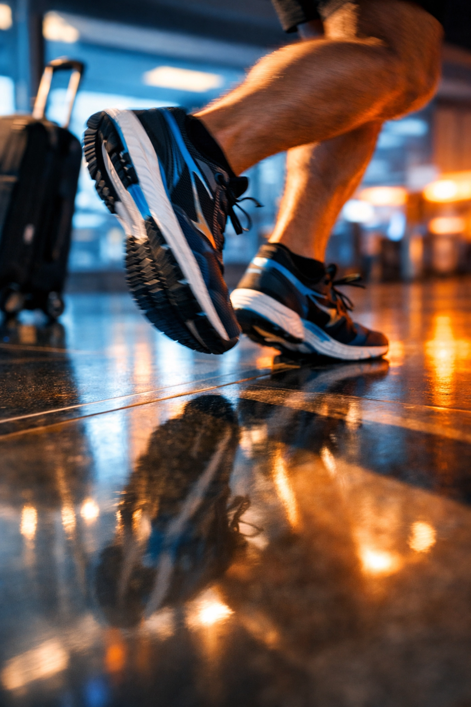 Runner's feet in motion through airport terminal in sleek running sneakers before race weekend