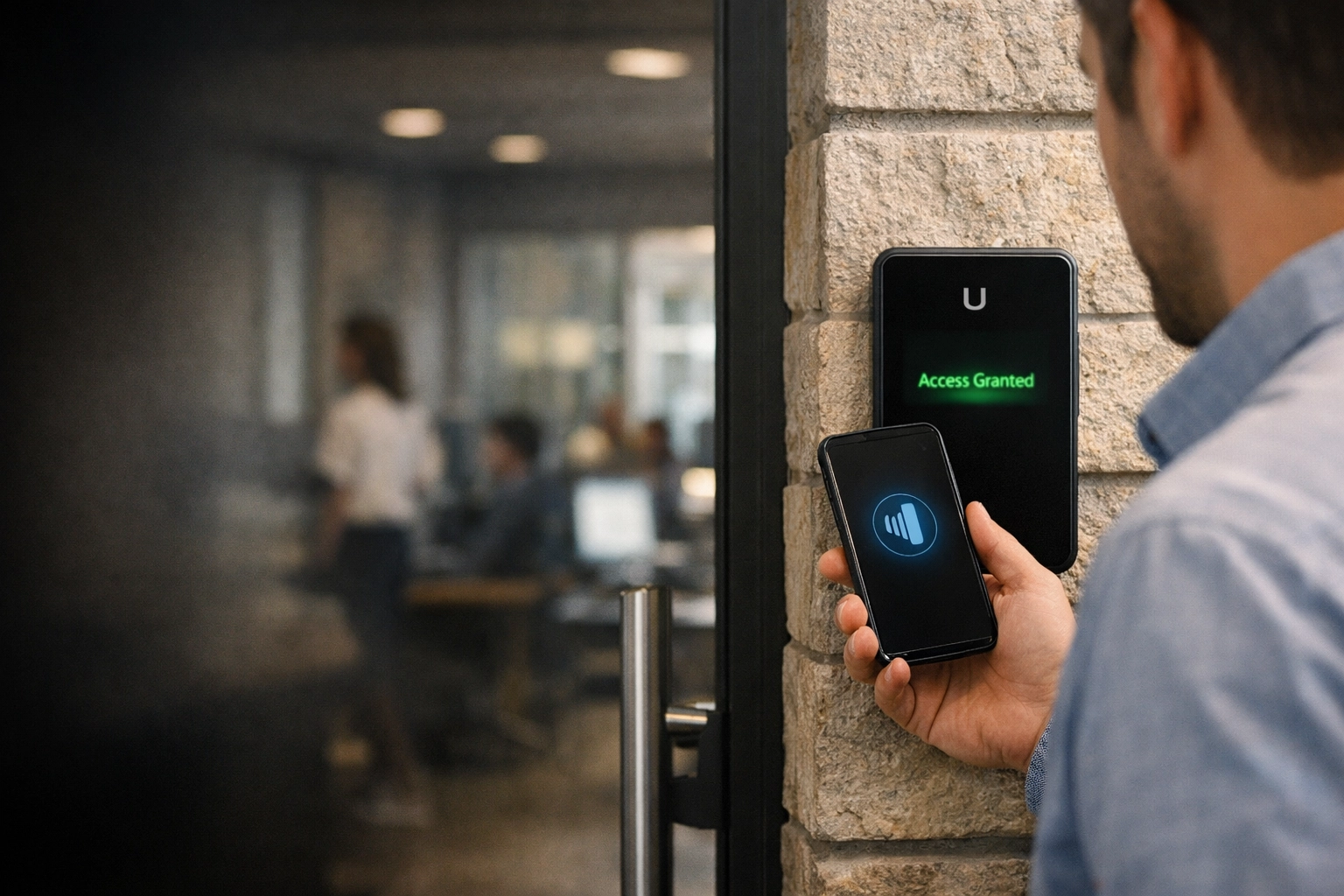 Ubiquiti Access door reader providing secure mobile entry for a Midwest corporate office.