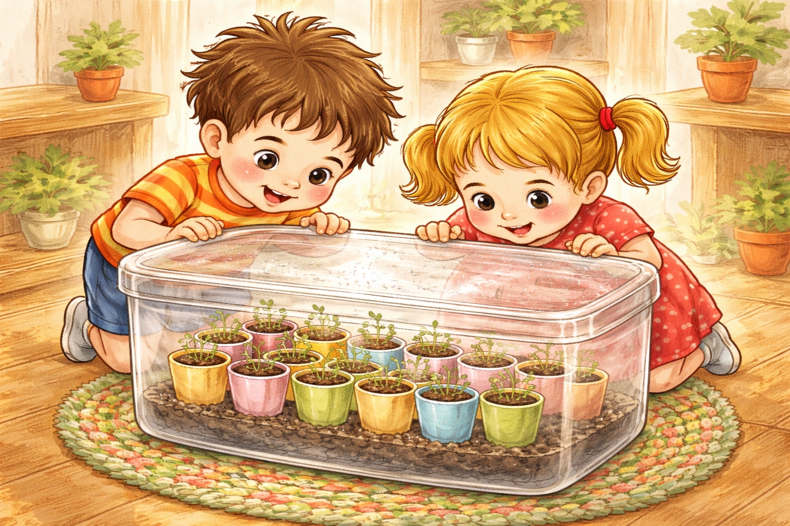 Children inspecting seedlings in a homemade greenhouse bin, learning affordable seed starting techniques indoors