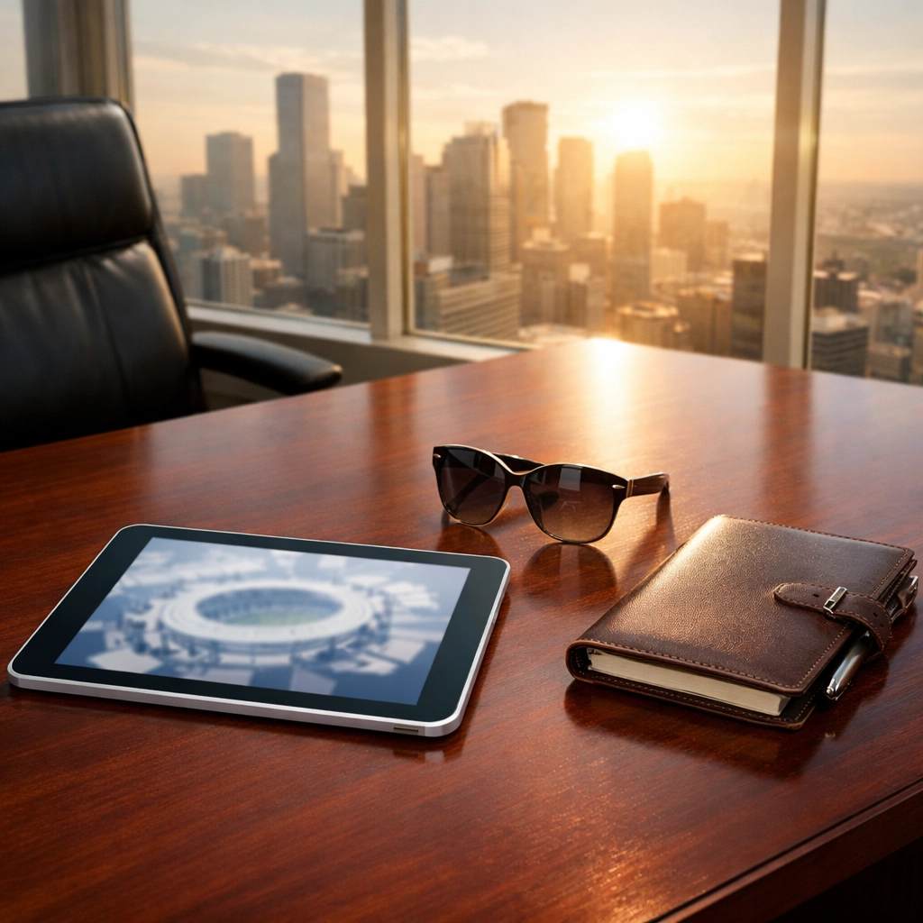 Executive desk with stadium blueprint and city view representing Super Bowl sports marketing planning.