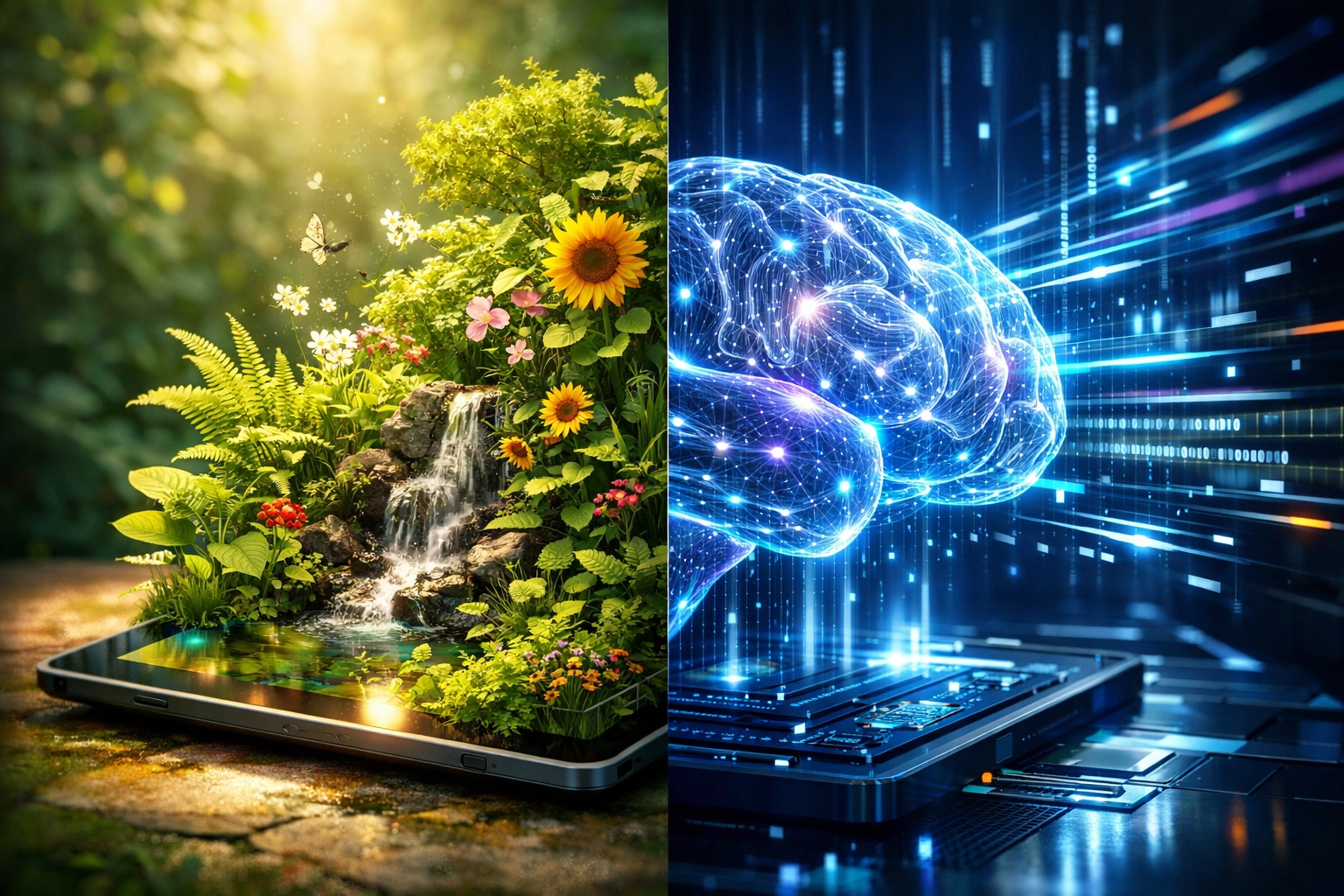 Digital tablet with a lush garden beside a glowing AI brain, representing organic search growth in 2026.