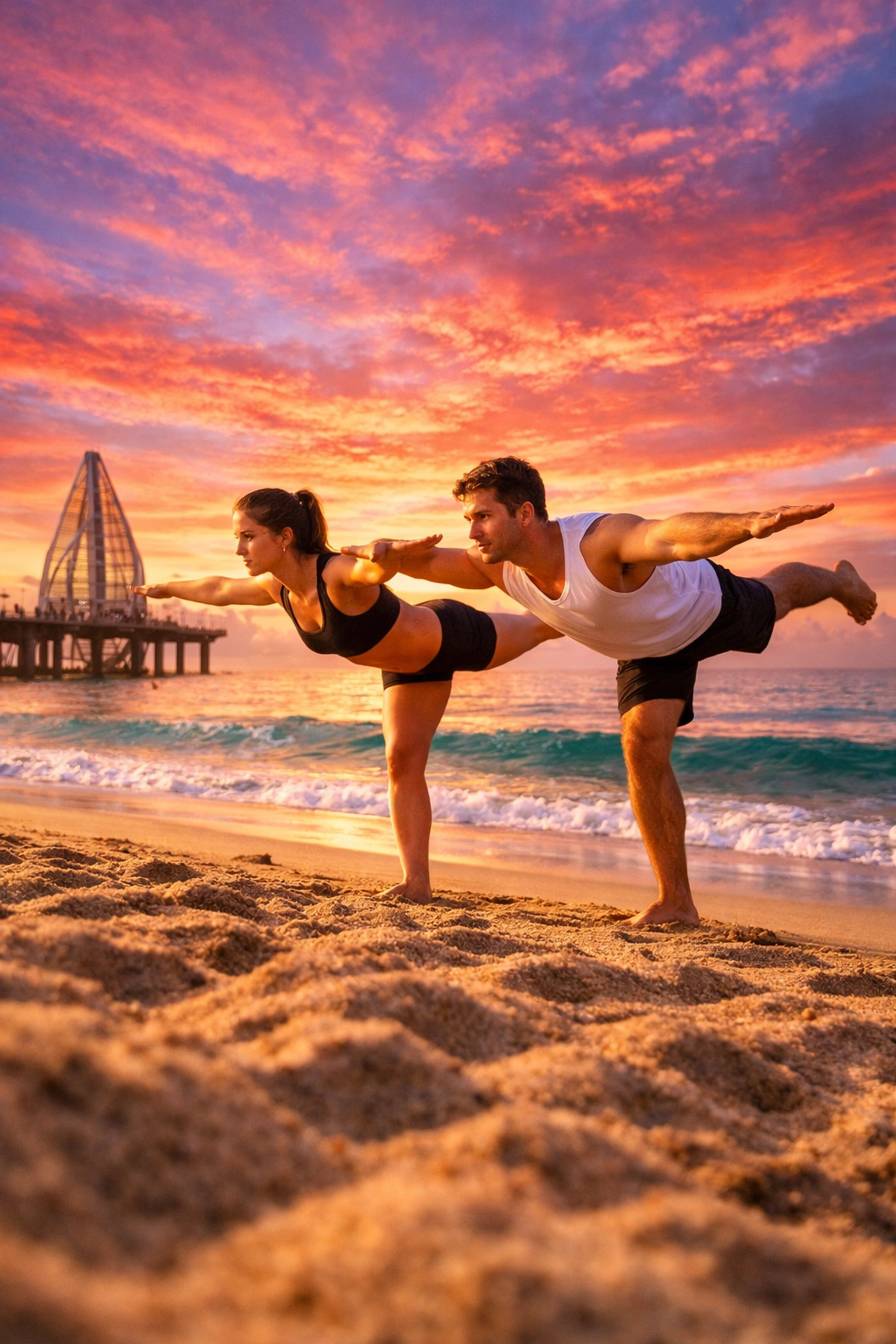Digital nomads practicing yoga on the sand in Puerto Vallarta at sunrise with the Los Muertos Pier in the background.